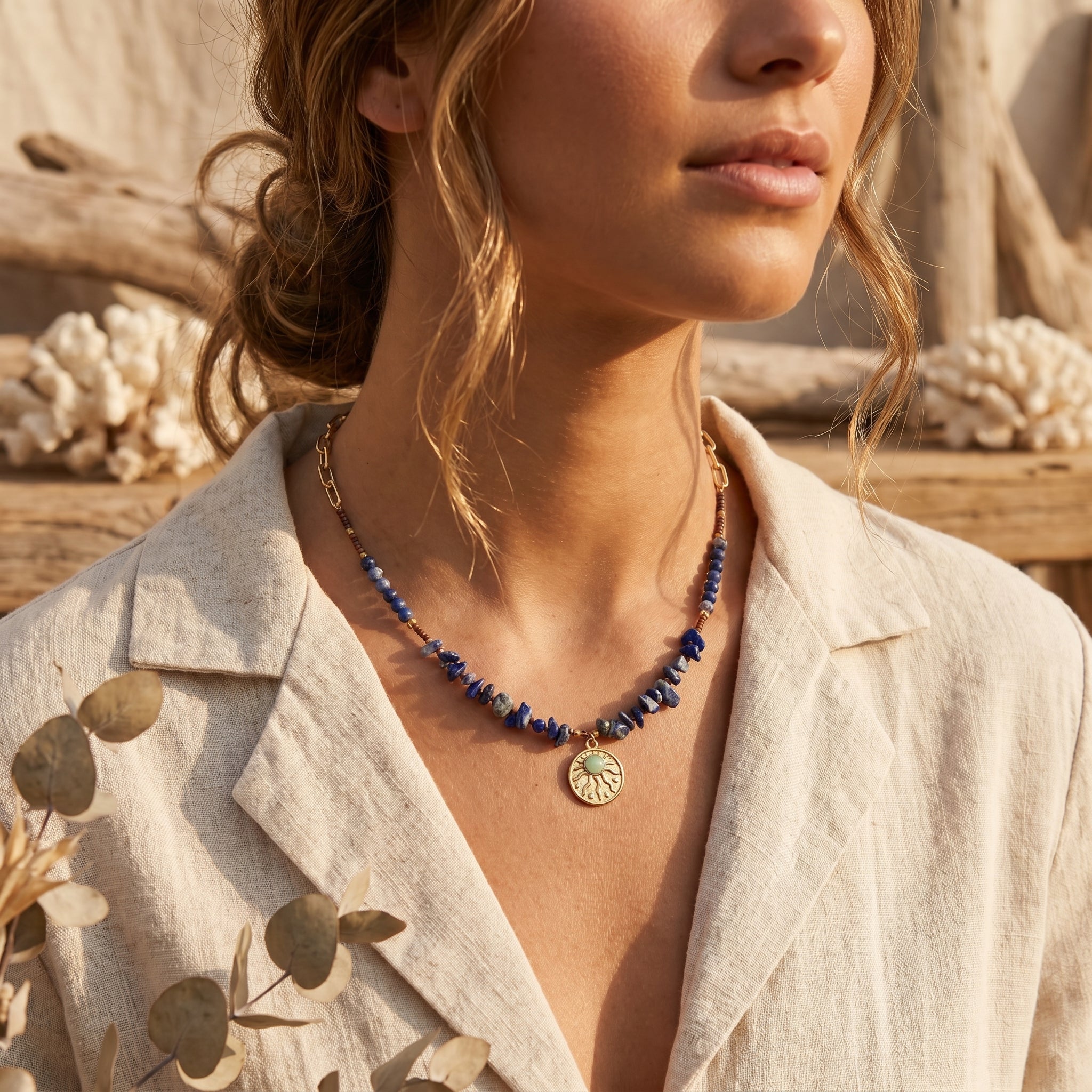 Mystic Sol Blue Stone Sun Charm Necklace