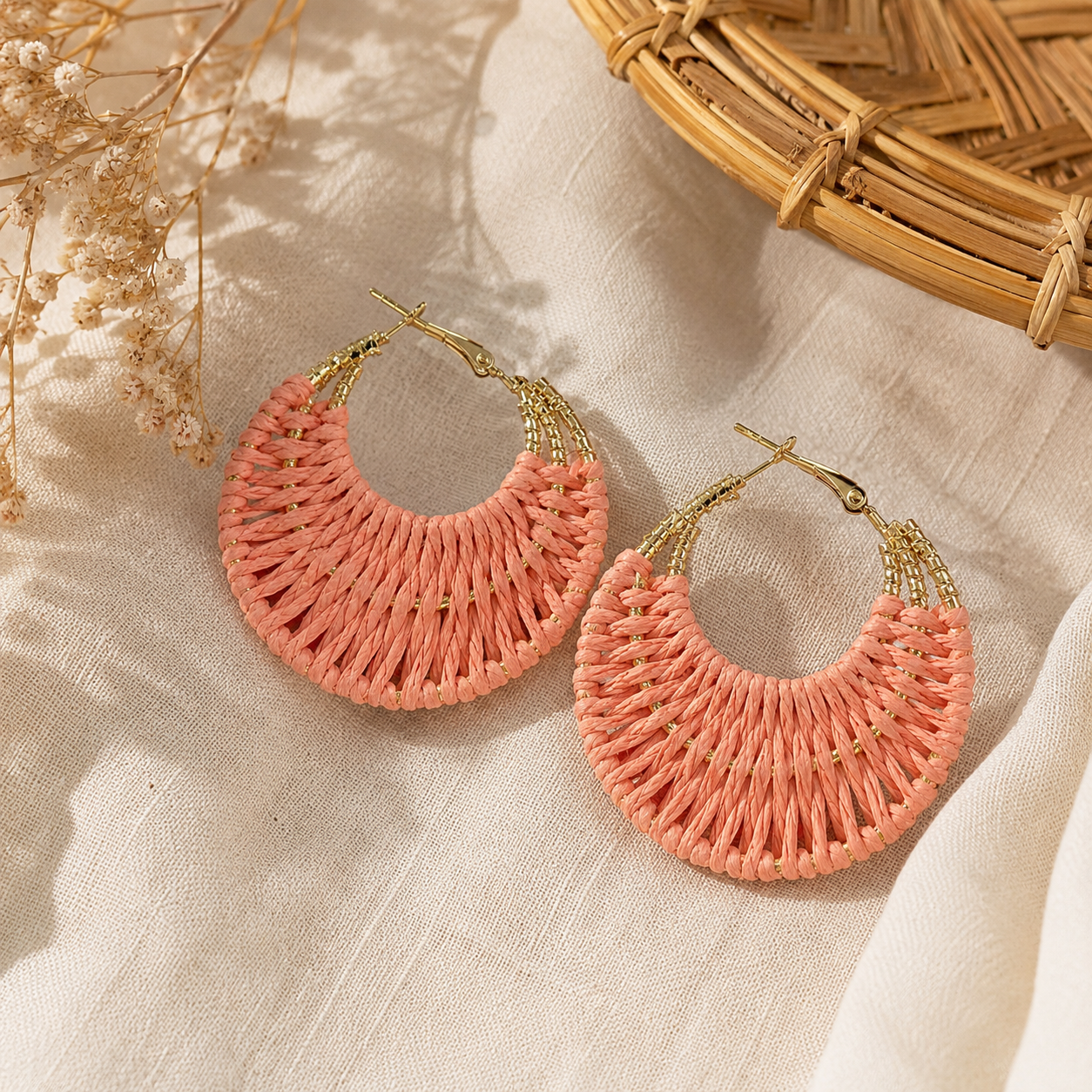 Crescent Woven Raffia Hoop Earrings