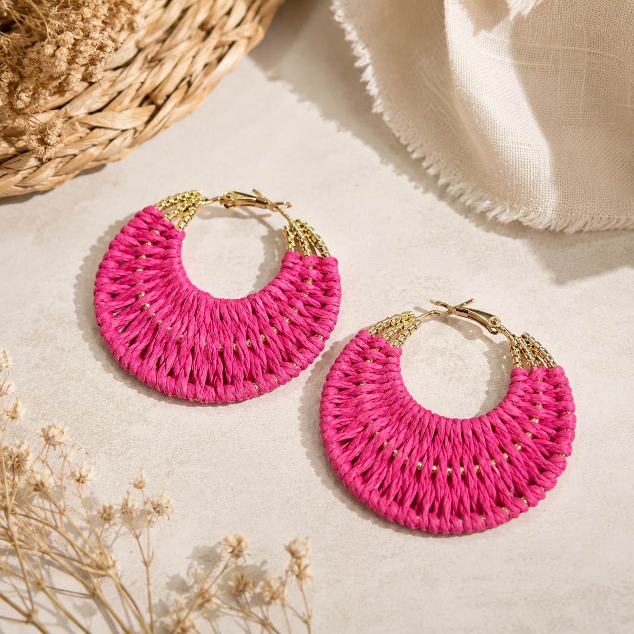 Crescent Woven Raffia Hoop Earrings