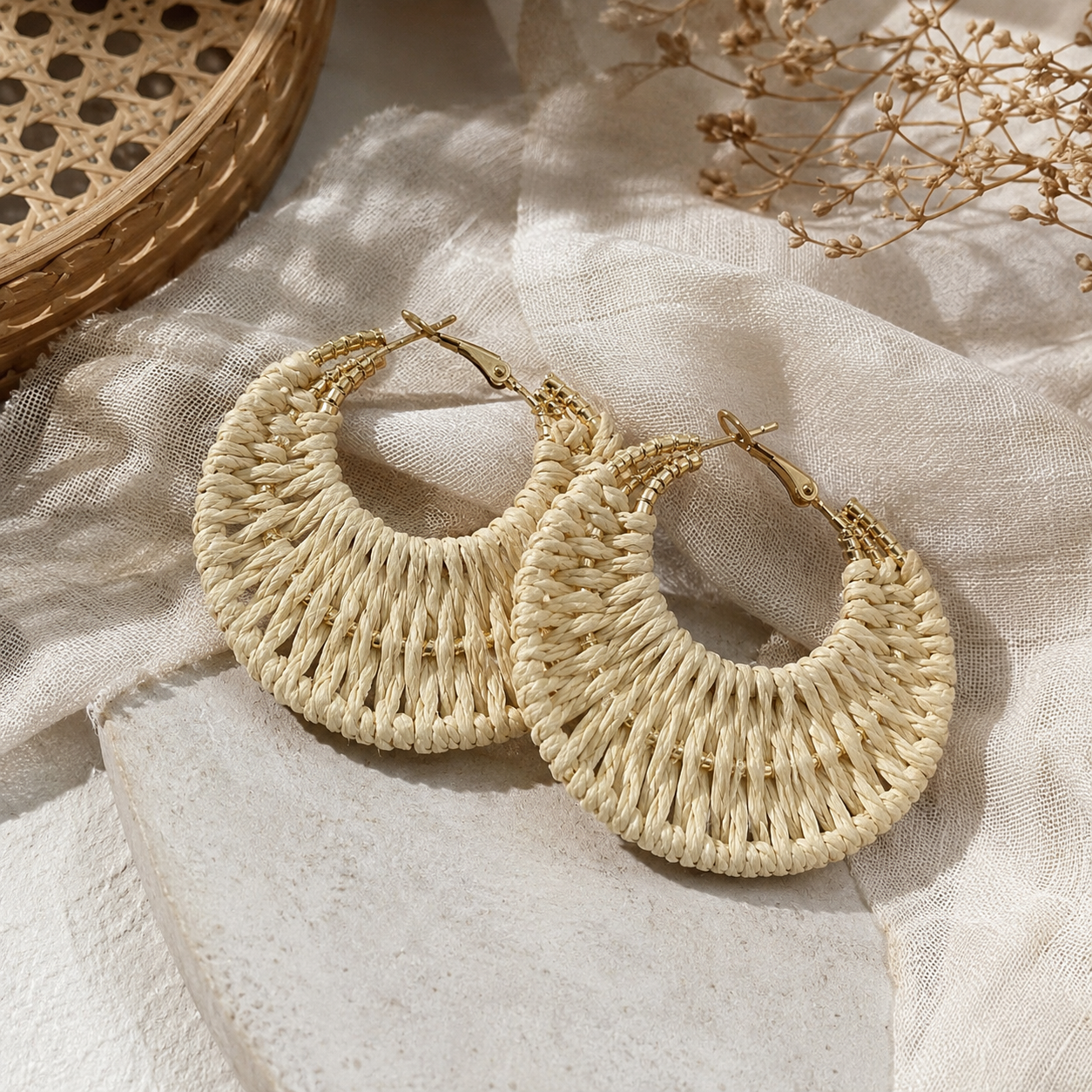 Crescent Woven Raffia Hoop Earrings