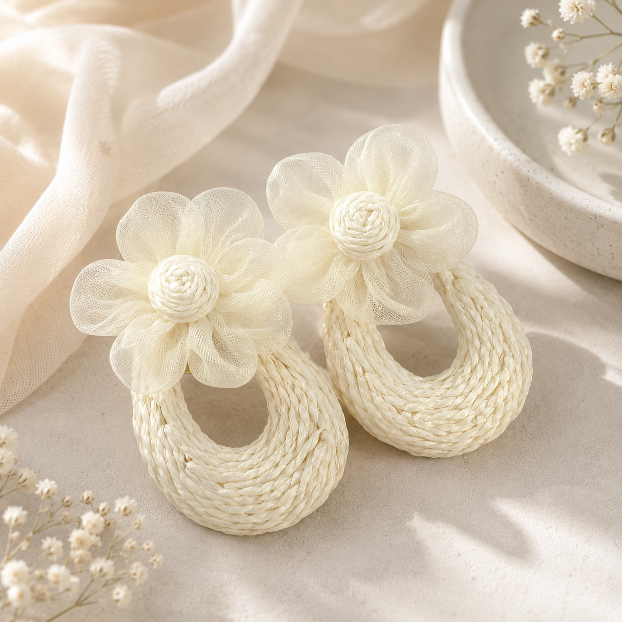 Cream Mesh Flower Woven Raffia Statement Earrings