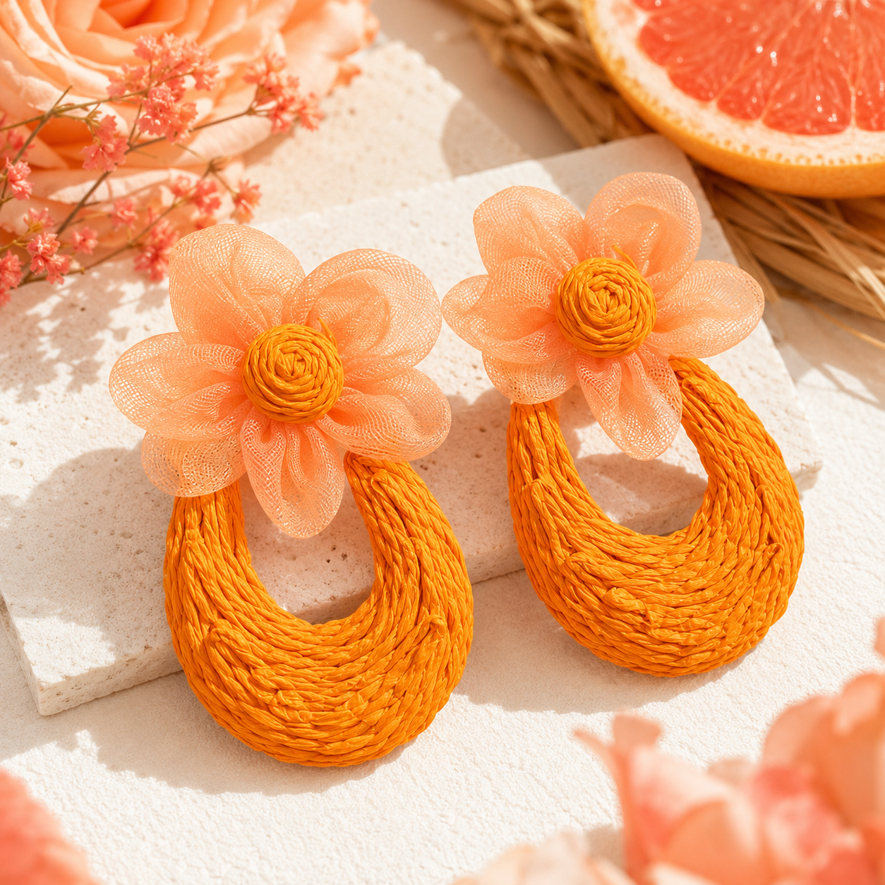 Orange Mesh Flower Woven Raffia Statement Earrings