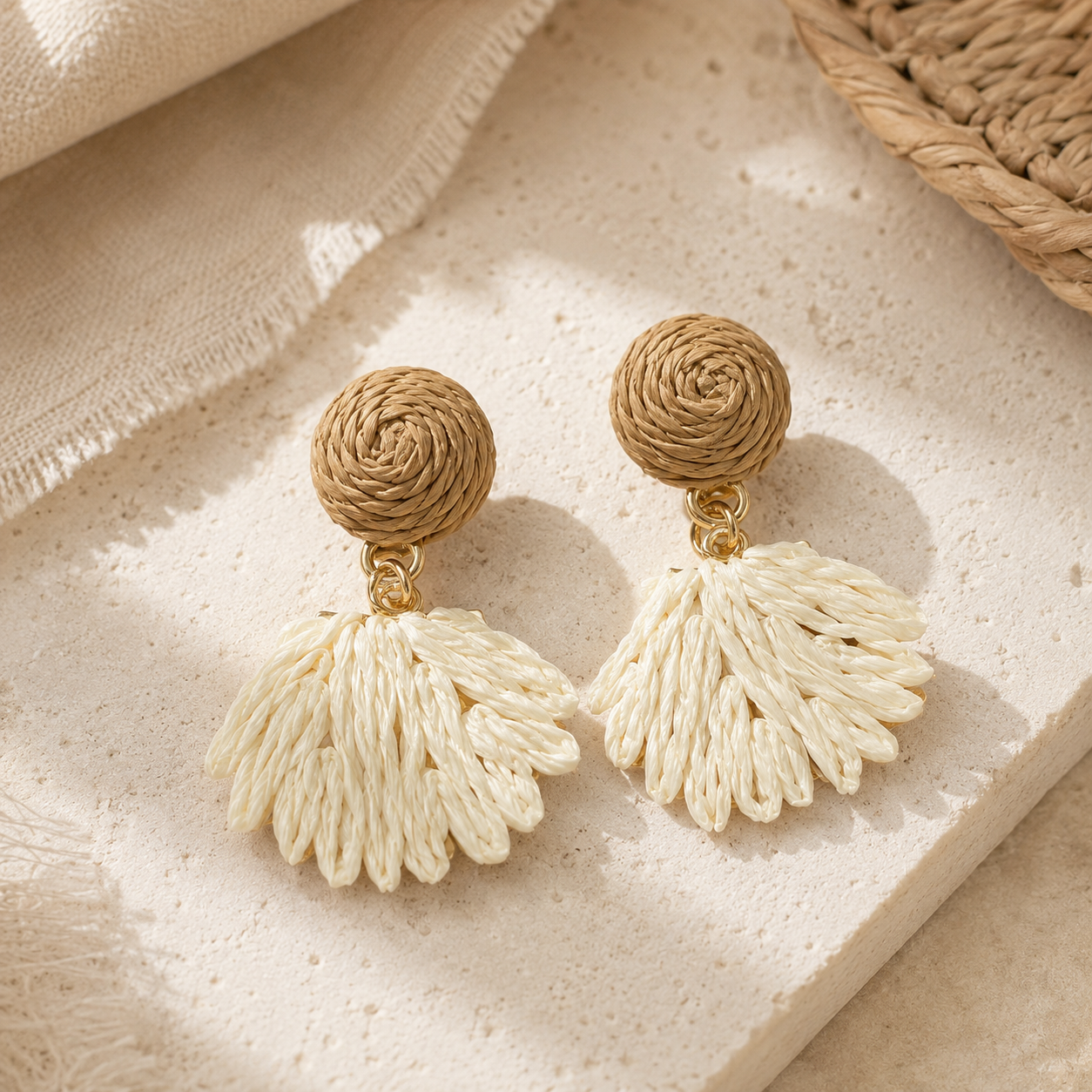 Tan & Cream Woven Raffia Fan Drop Earrings