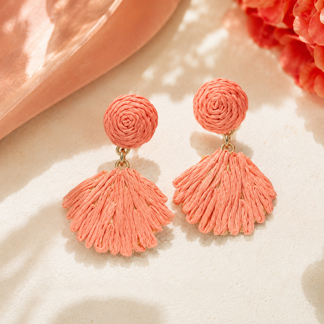 Peach Woven Raffia Fan Drop Earrings