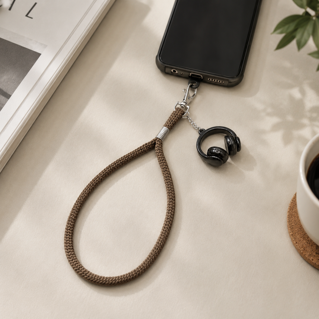 Brown Woven Wrist Mobile Strap with Black Headphone Charm