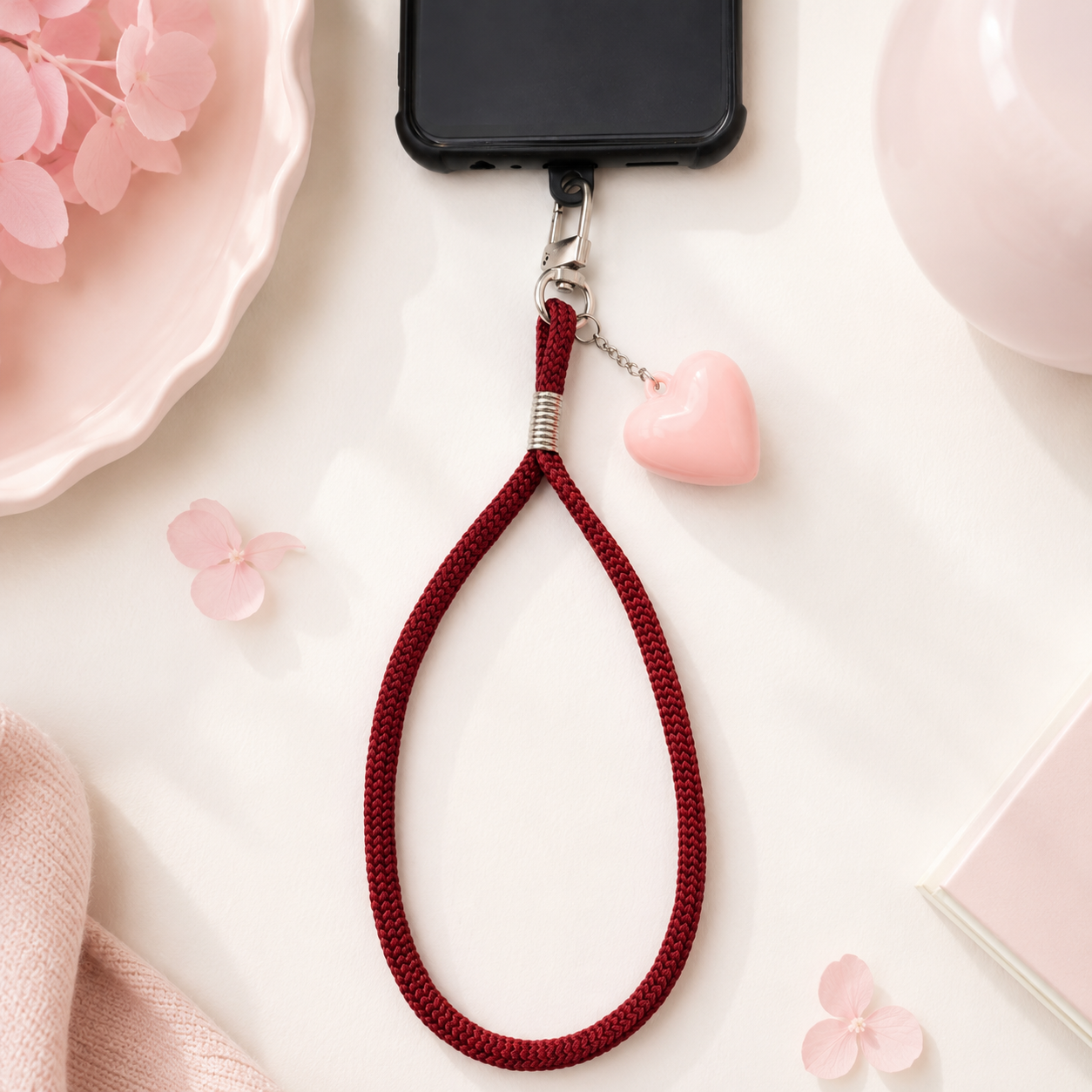 Burgundy Woven Wrist Mobile Strap with Pink Heart Charm