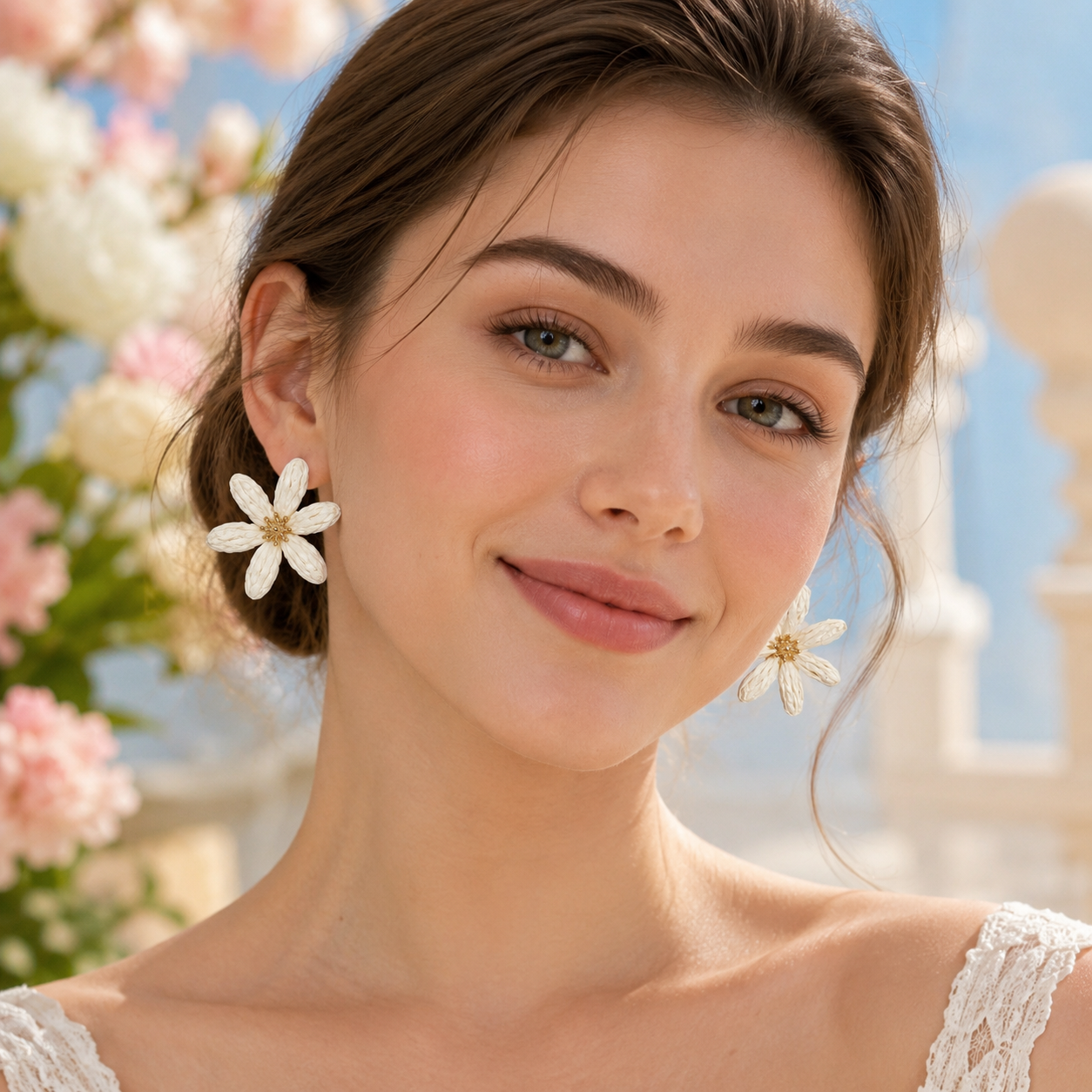 Cream Woven Raffia Daisy Earrings