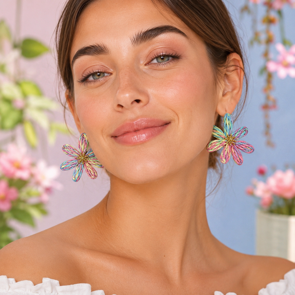 Pastel Mixed-Color Woven Raffia Daisy Earrings