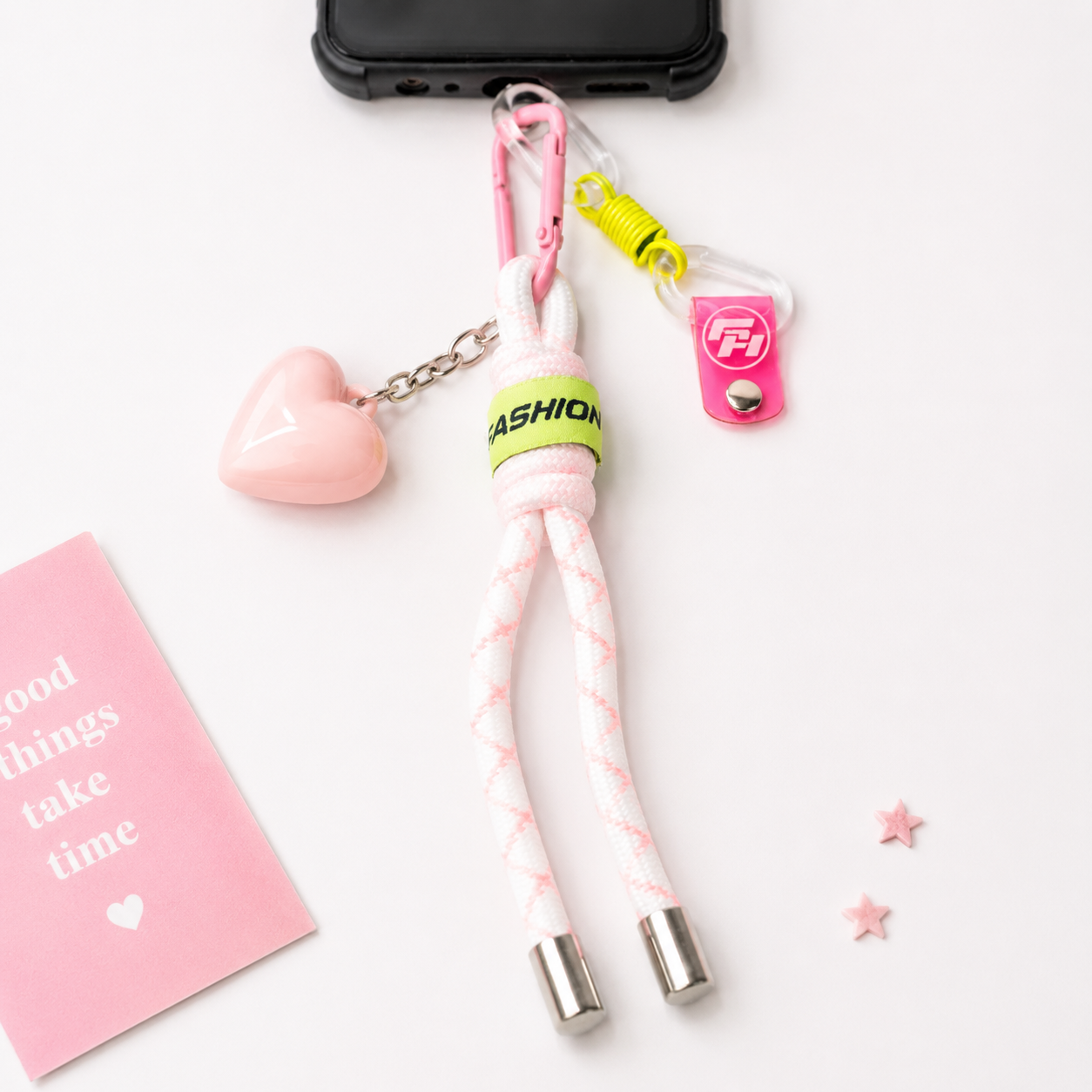 White & Pink Braided Mobile Wrist Strap with Pink Heart Charm