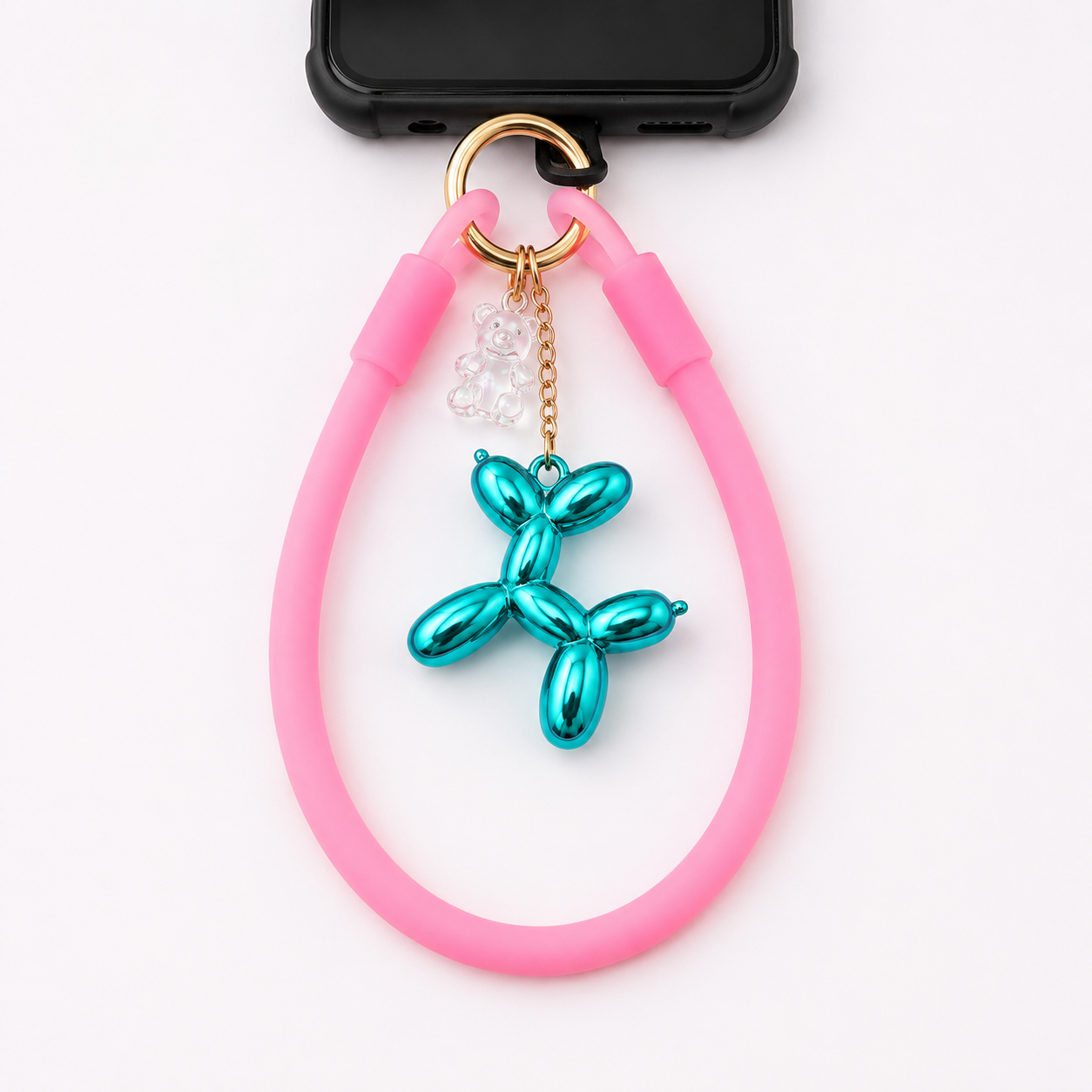 Pink Silicone Wrist Strap with Turquoise Balloon Dog Charm