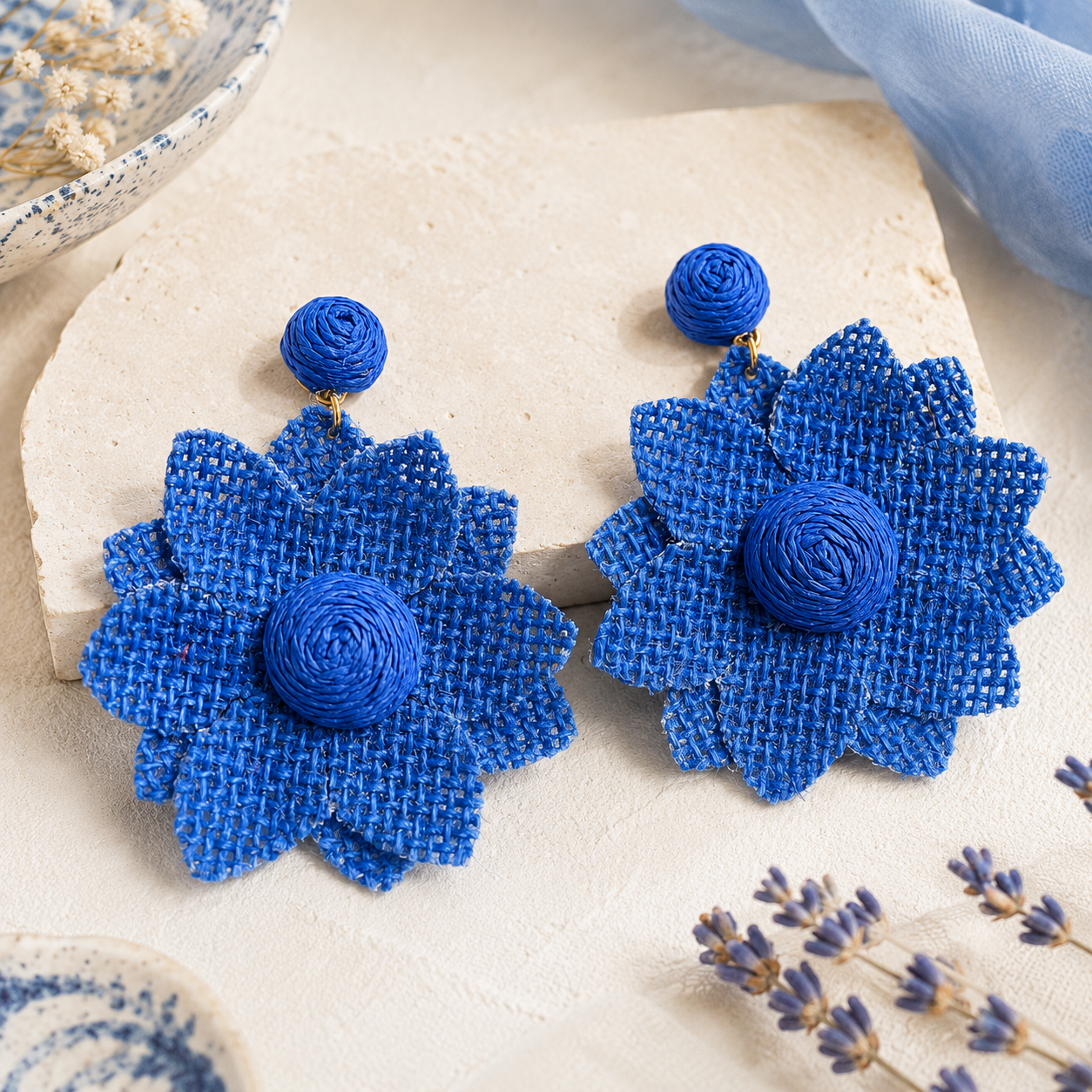 Royal Blue Woven Raffia & Burlap Flower Earrings