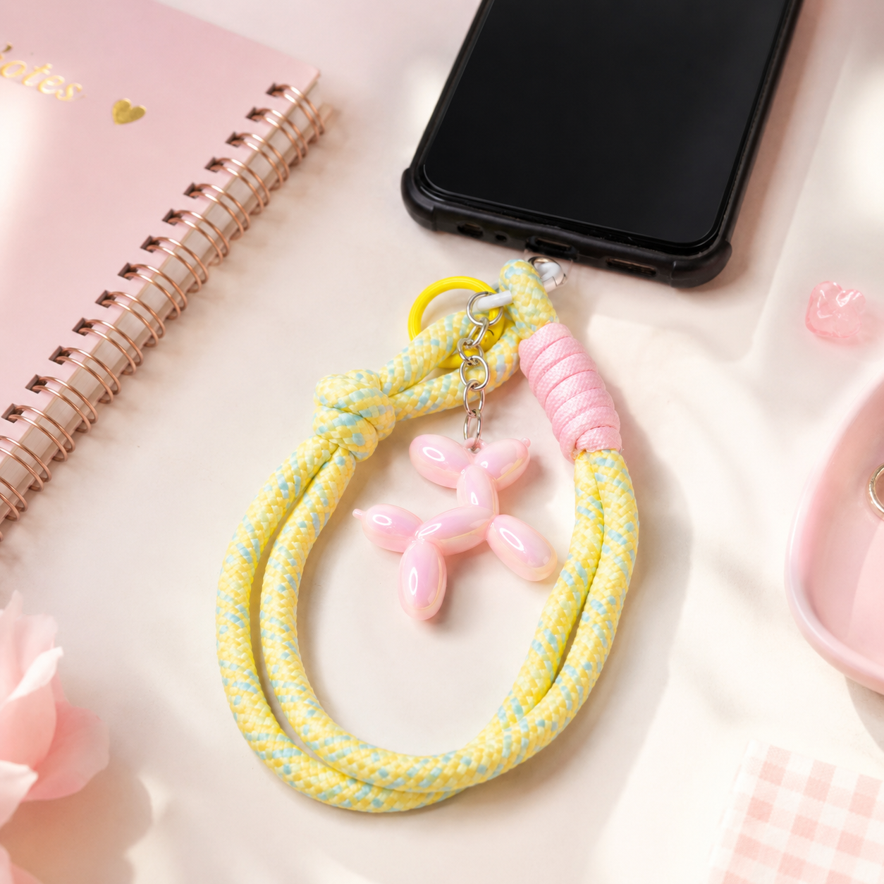 Yellow & Blue Braided Mobile Wrist Strap with Pink Balloon Dog Charm