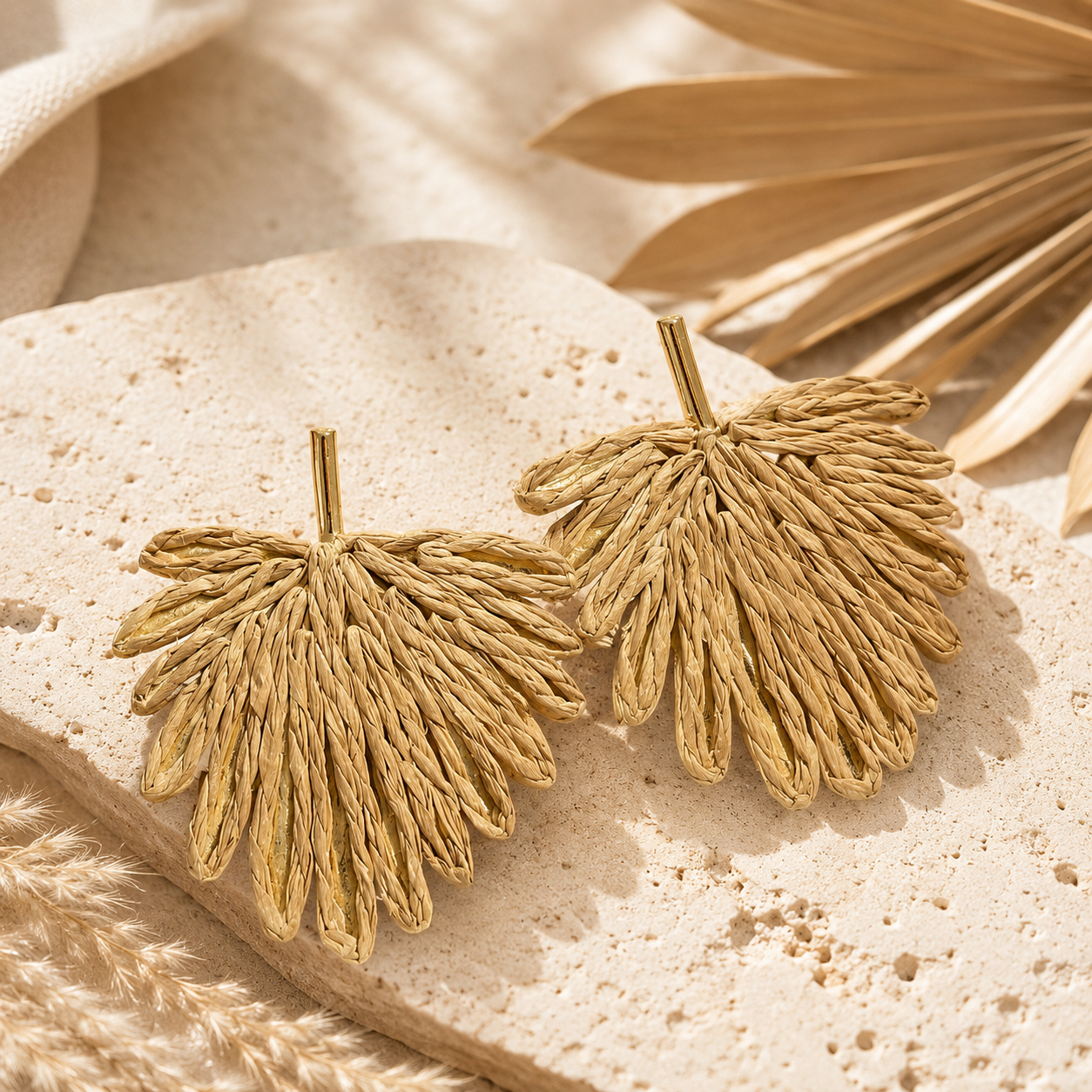 Natural Tan Woven Raffia Fan Statement Earrings