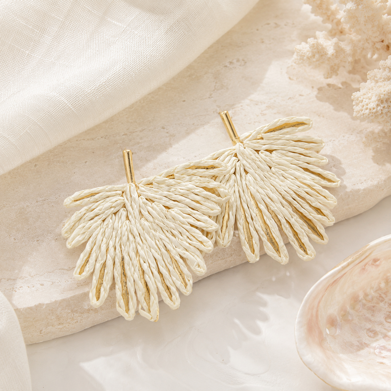 Cream Woven Raffia Fan Statement Earrings