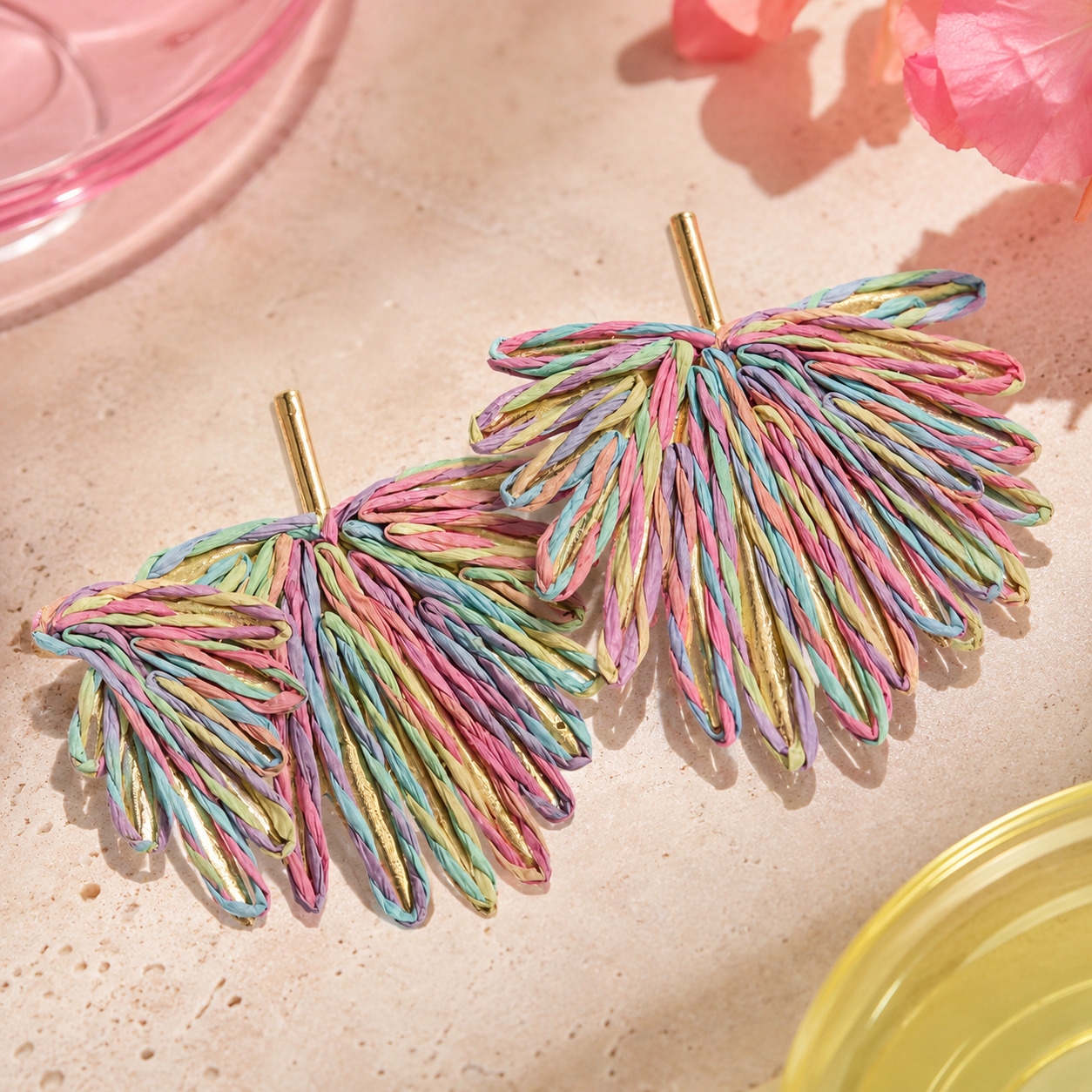 Pastel Multi-Color Woven Raffia Fan Statement Earrings