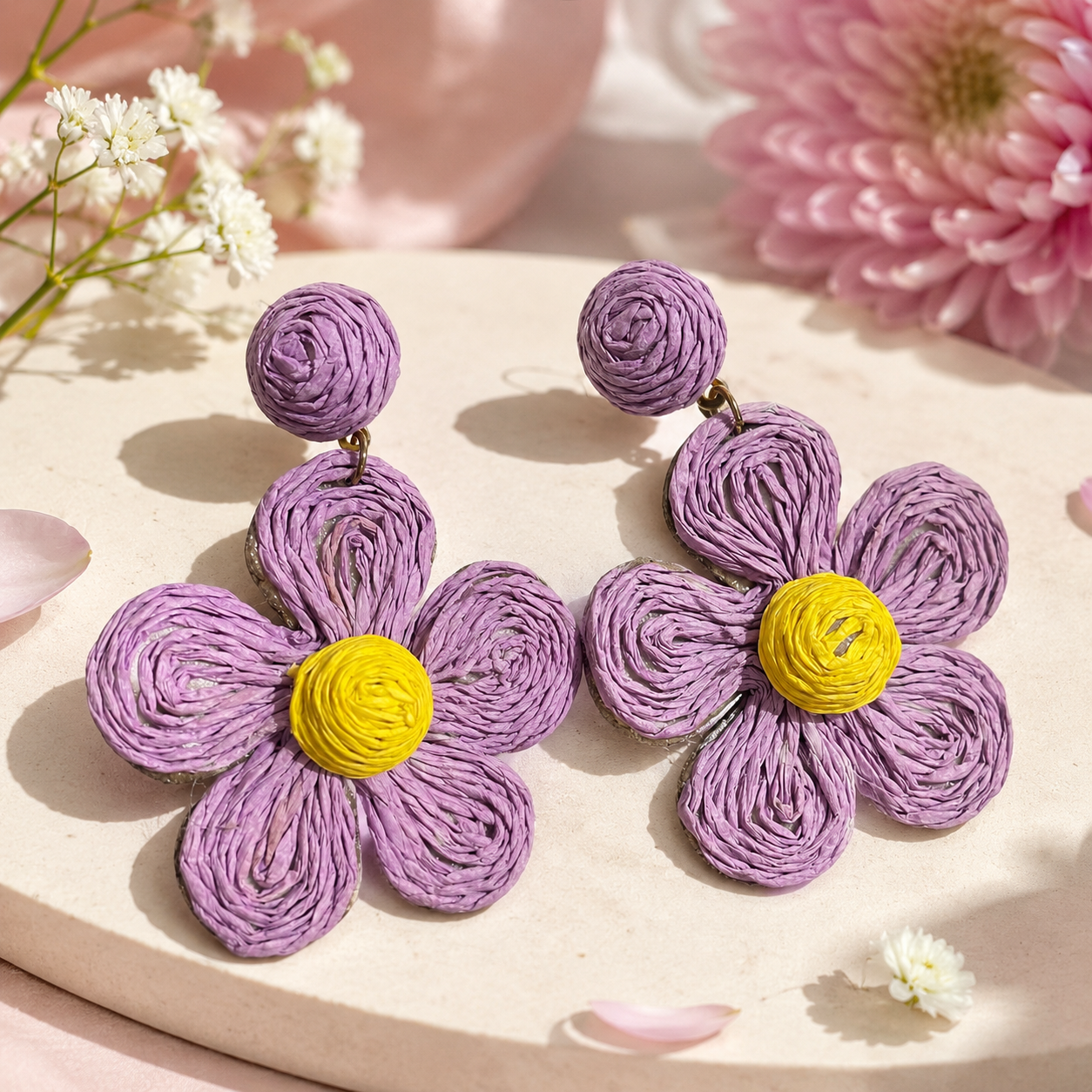 Purple Woven Raffia Flower Statement Earrings