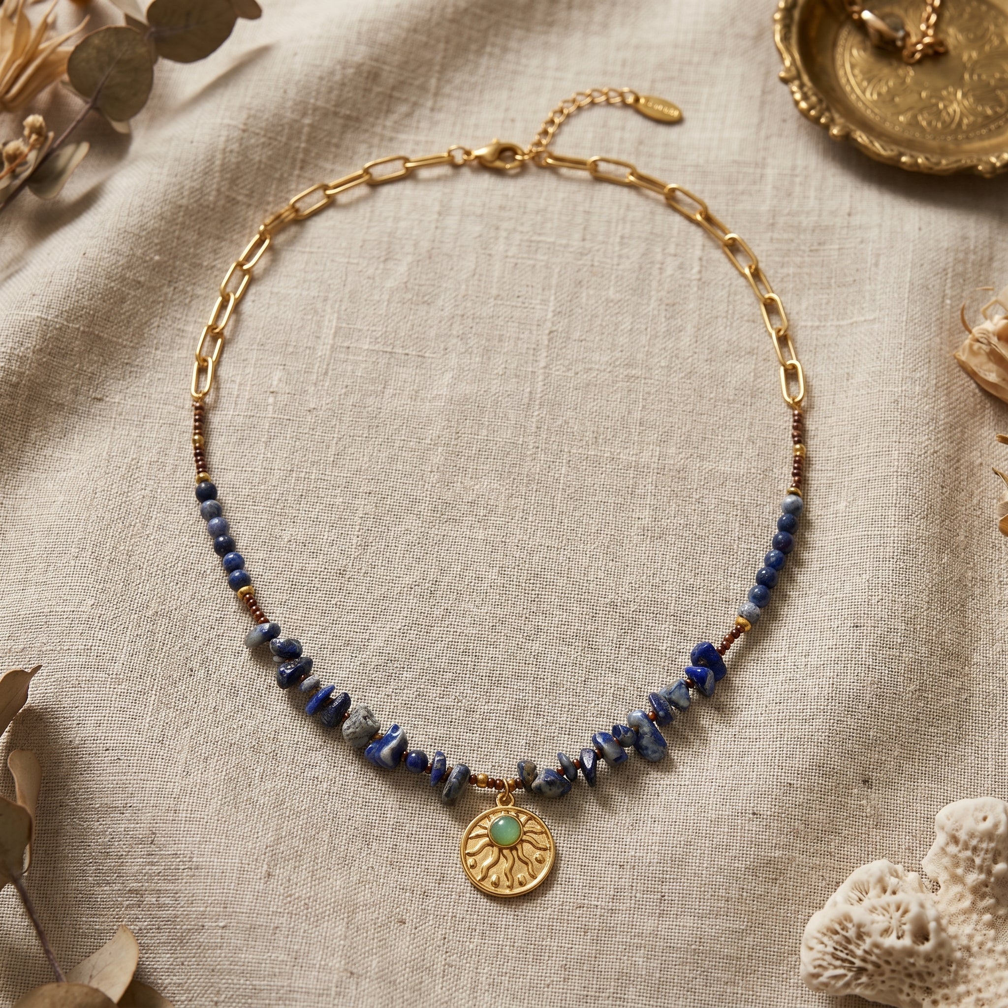 Mystic Sol Blue Stone Sun Charm Necklace