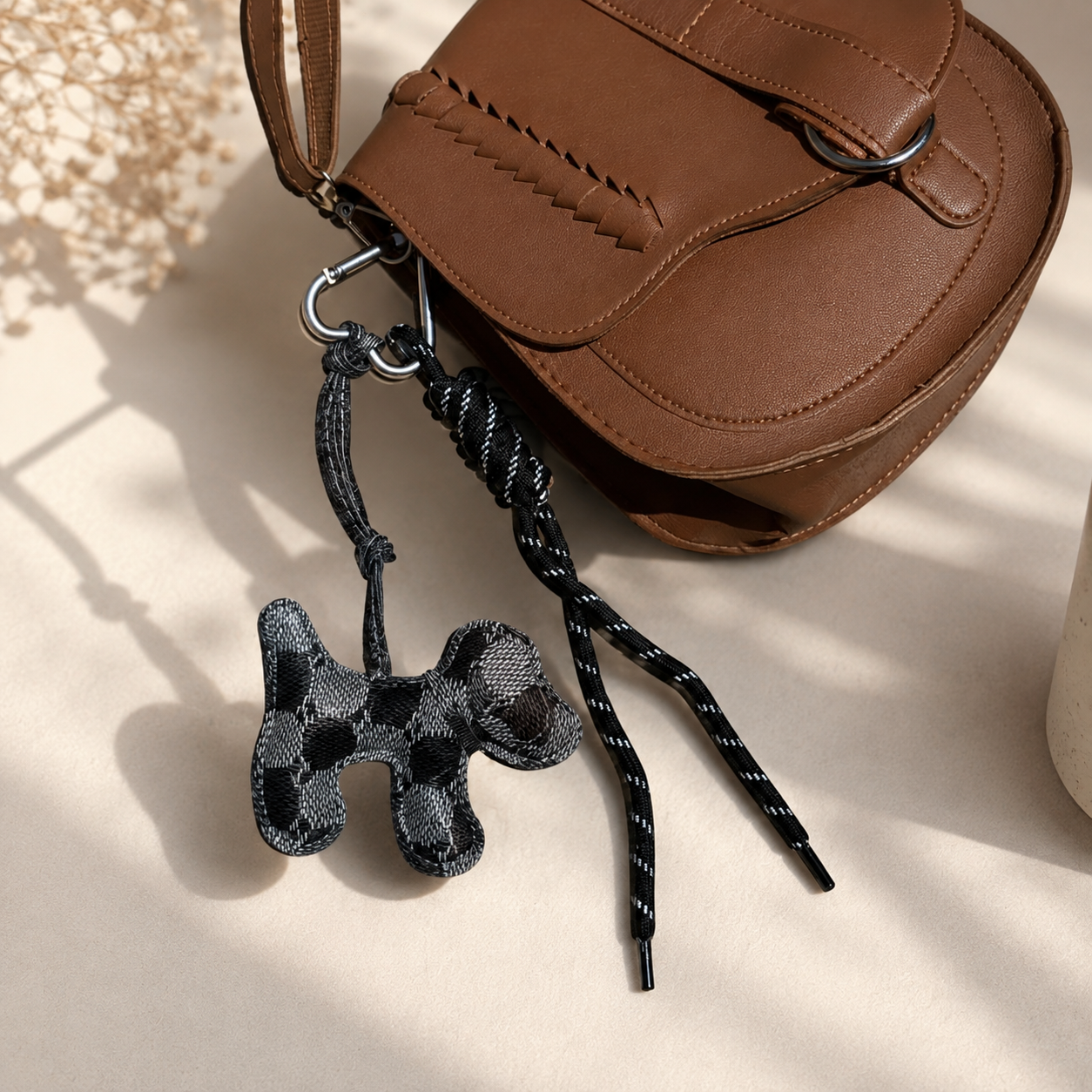 Checkered Puppy Bag Charm-black