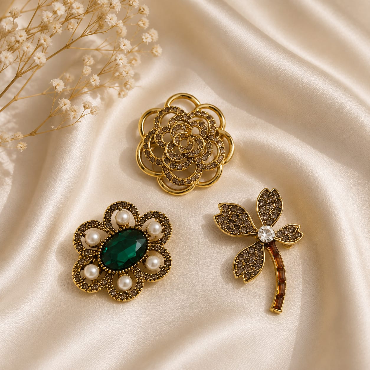 Vintage Floral Brooch Set – 3 Pieces