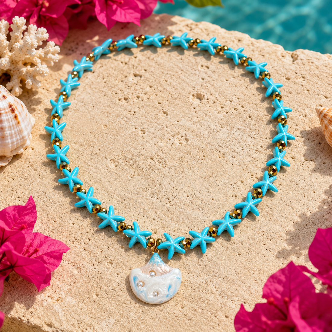 Aqua Shell Starfish Necklace