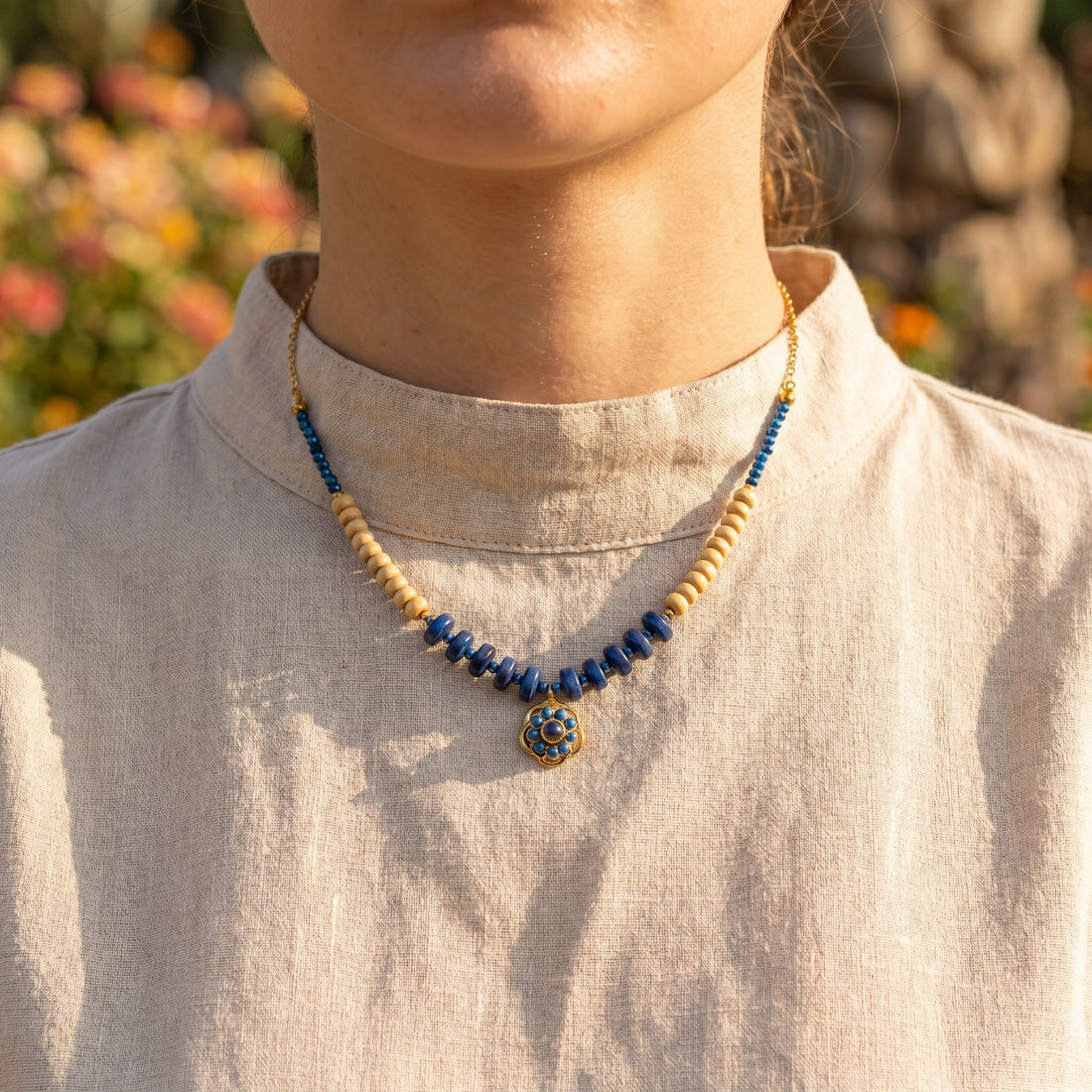Lapis Blue &amp; Natural Wood Rosette Necklace