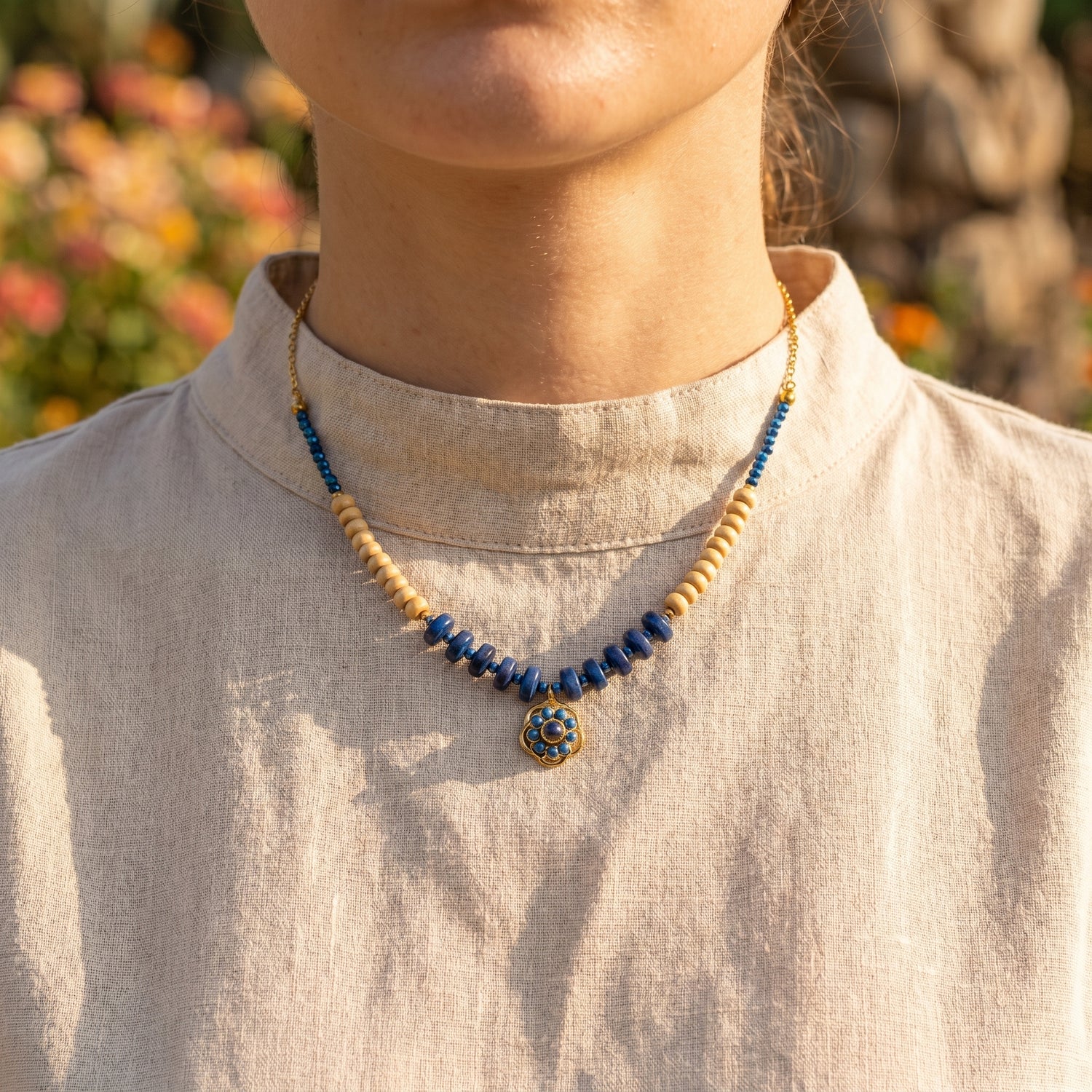 Lapis Blue &amp; Natural Wood Rosette Necklace