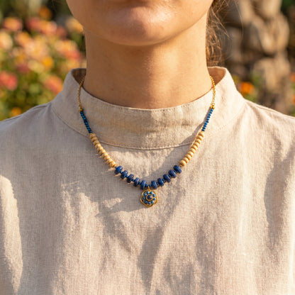 Lapis Blue &amp; Natural Wood Rosette Necklace