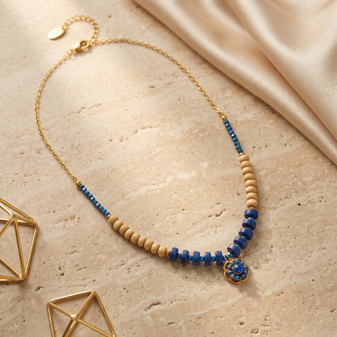 Lapis Blue &amp; Natural Wood Rosette Necklace
