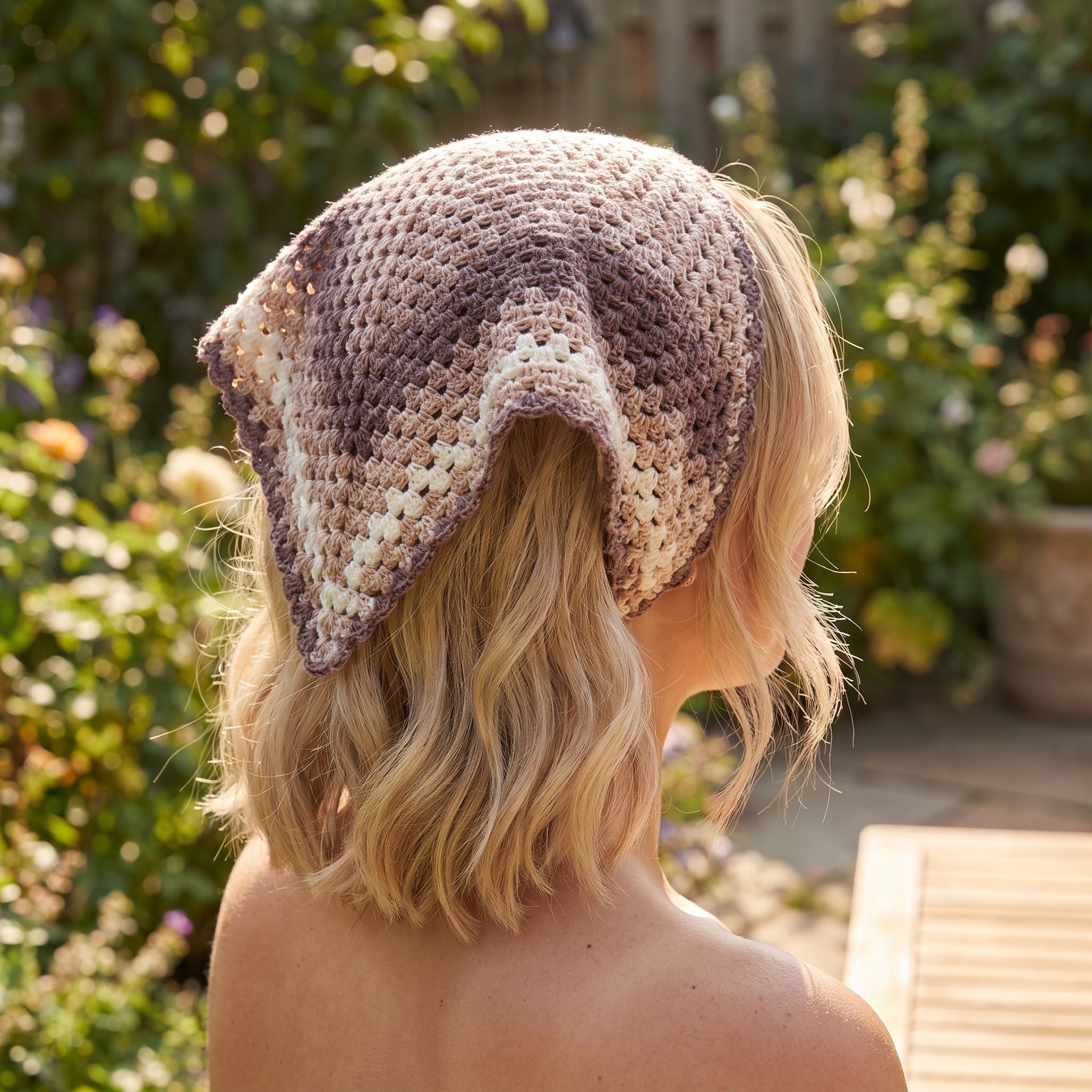 Mocha Cream Crochet Bandana Head Scarf