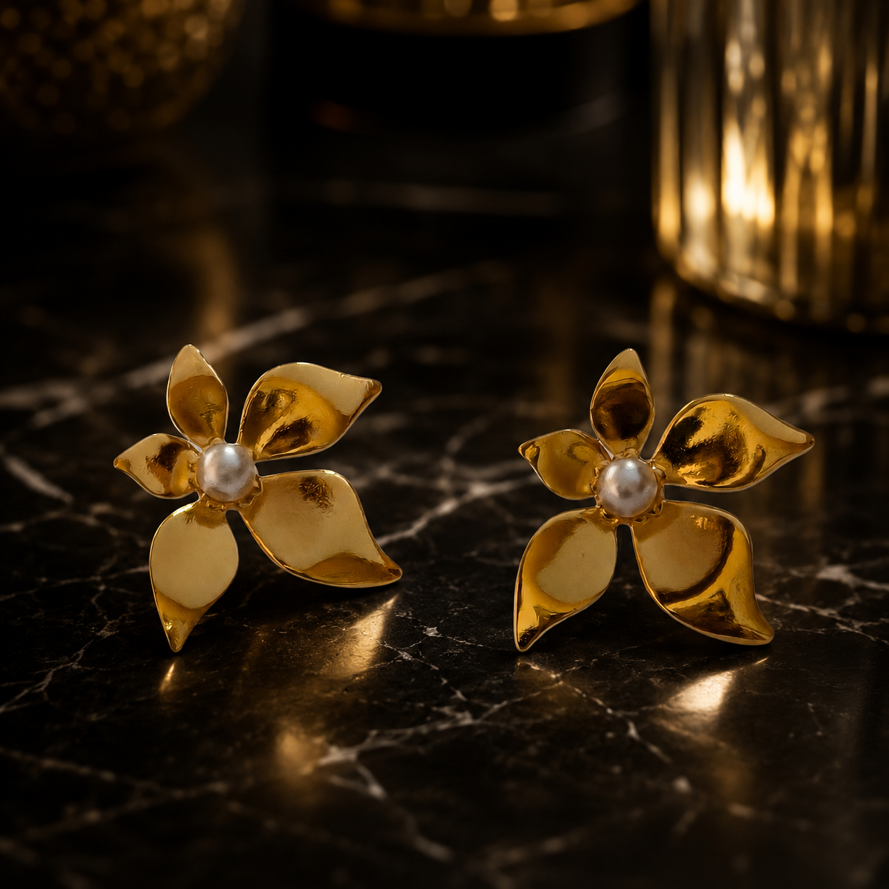 Golden Pearl Blossom Stud Earrings
