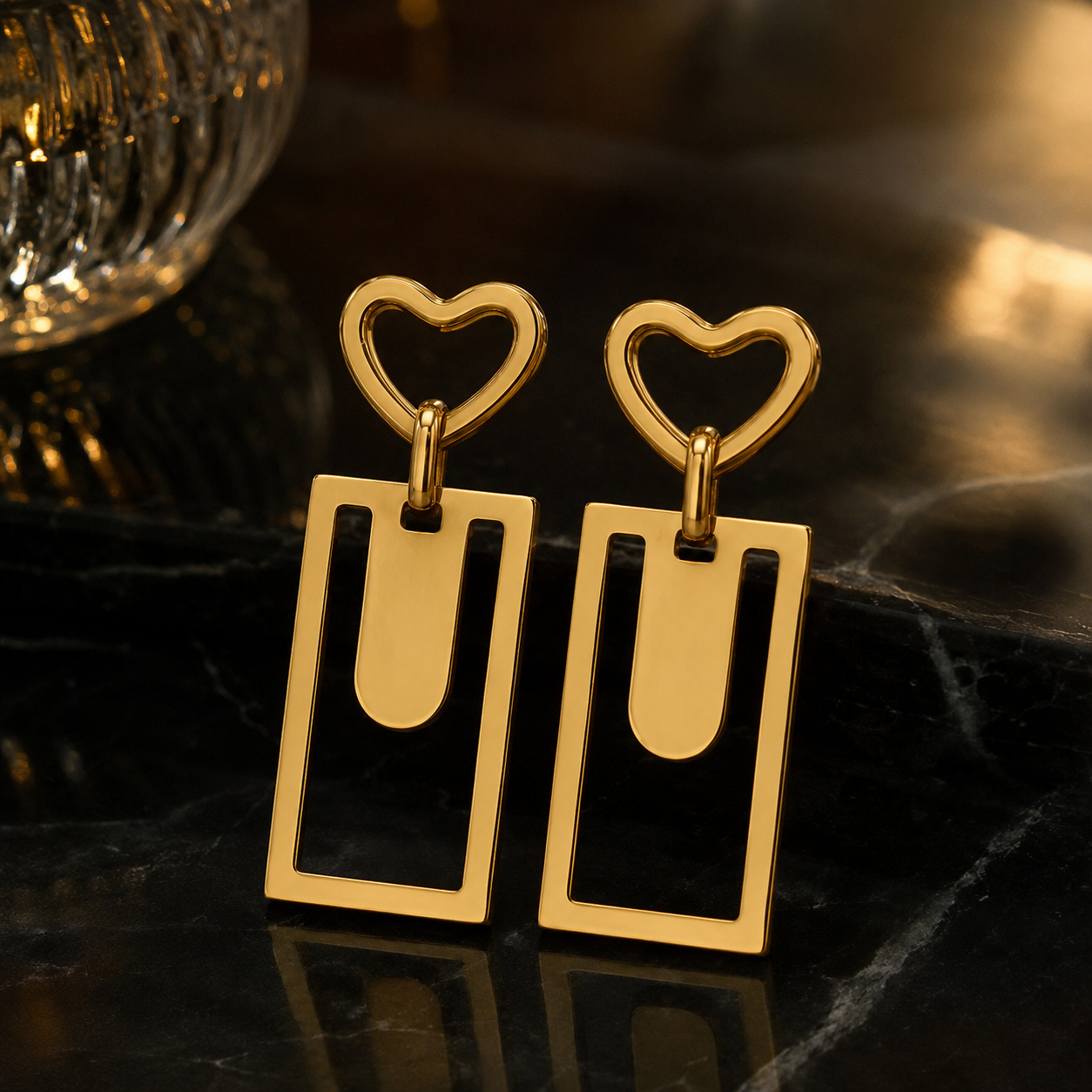 Golden Heart Noir Frame Drop Earrings