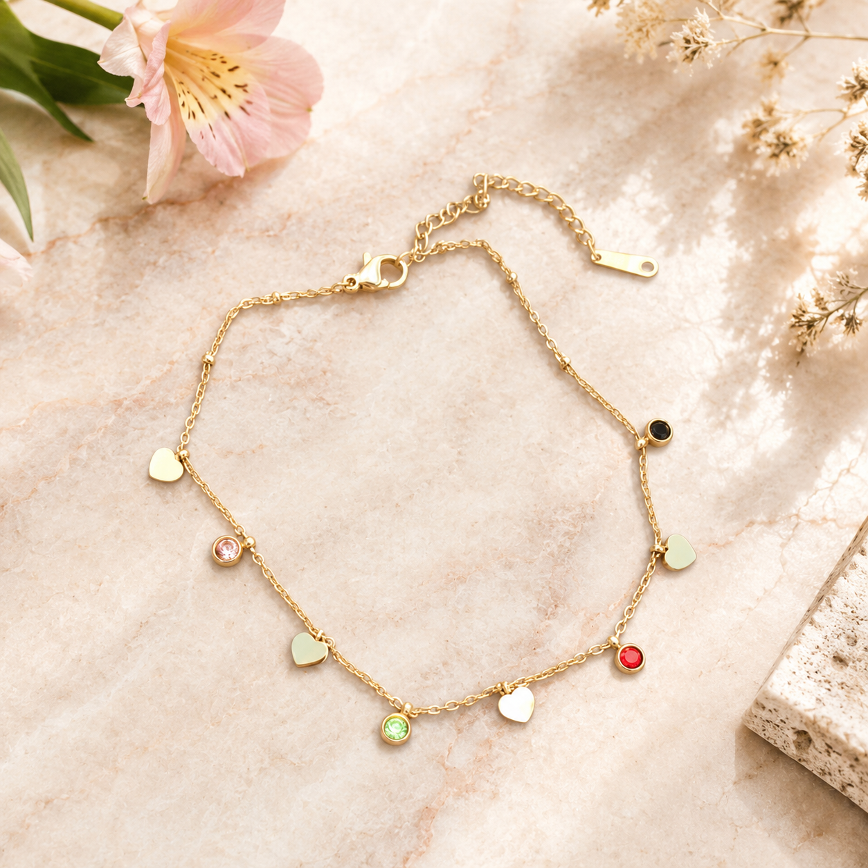 Color Stone Heart Anklet