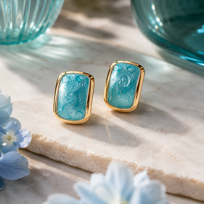 Turquoise Marble Resin Square Stud Earrings