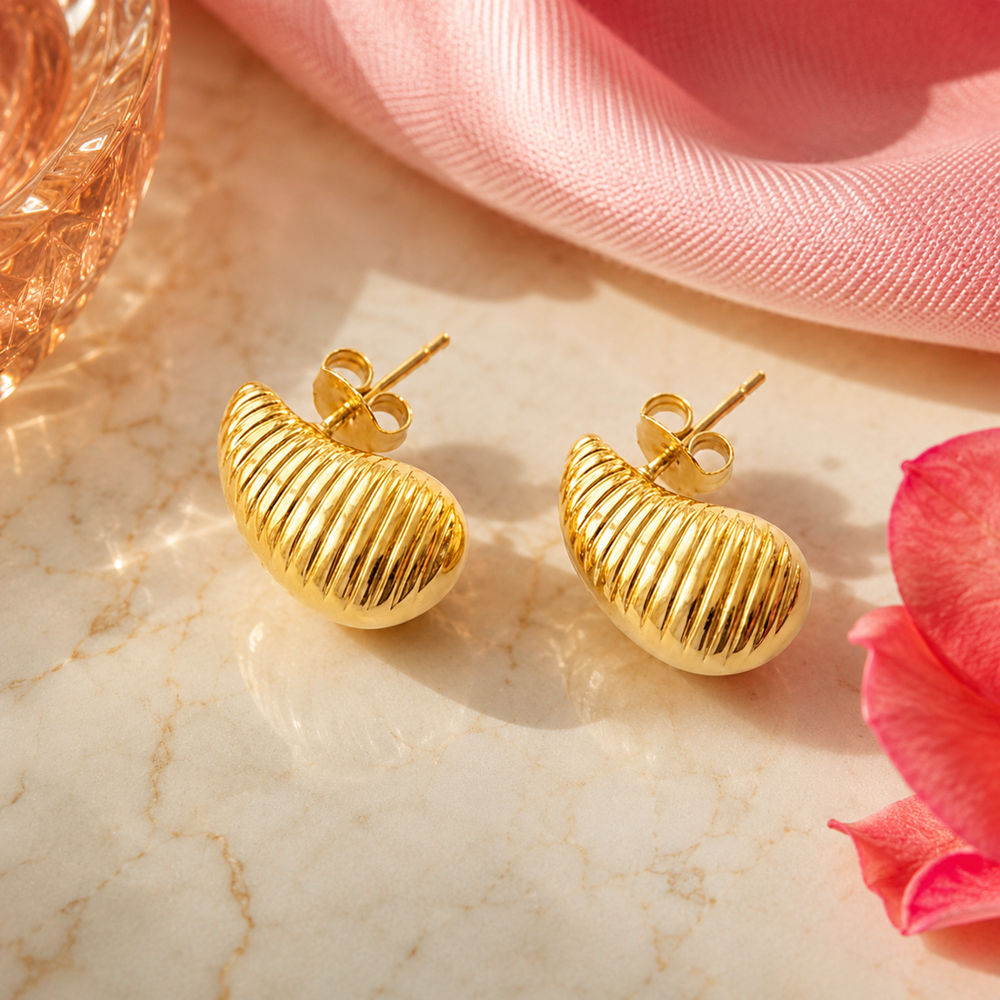 Gold Ribbed Crescent Stud Earrings