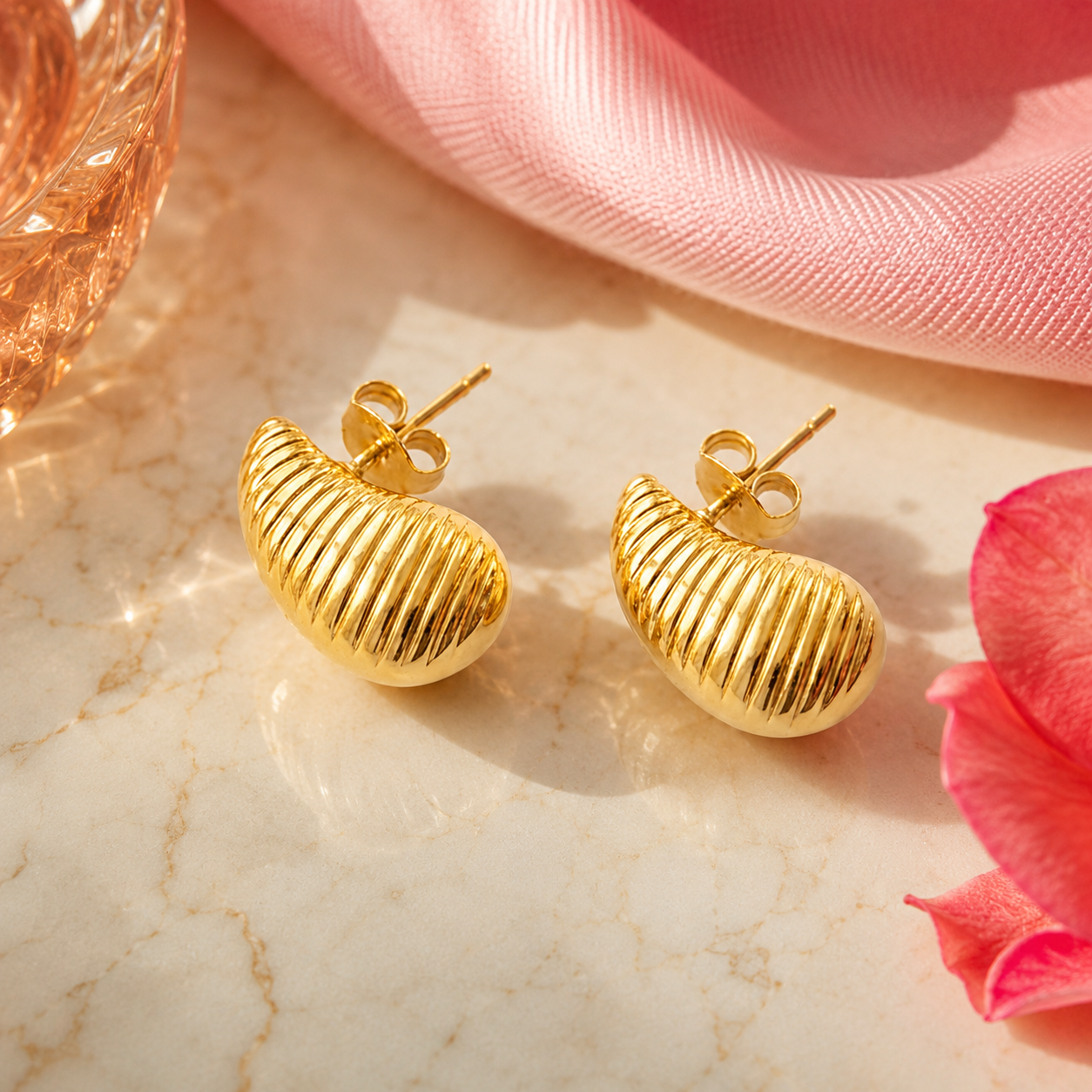 Gold Ribbed Crescent Stud Earrings