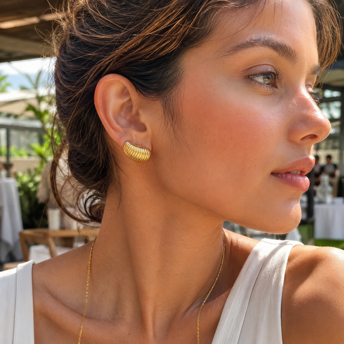 Gold Ribbed Crescent Stud Earrings