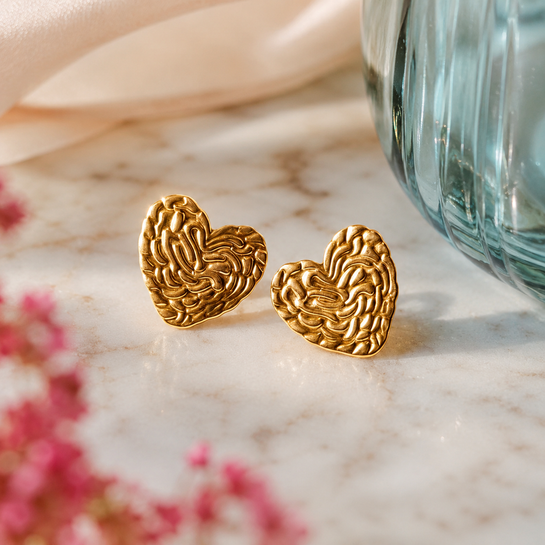 Gold Woven Heart Stud Earrings