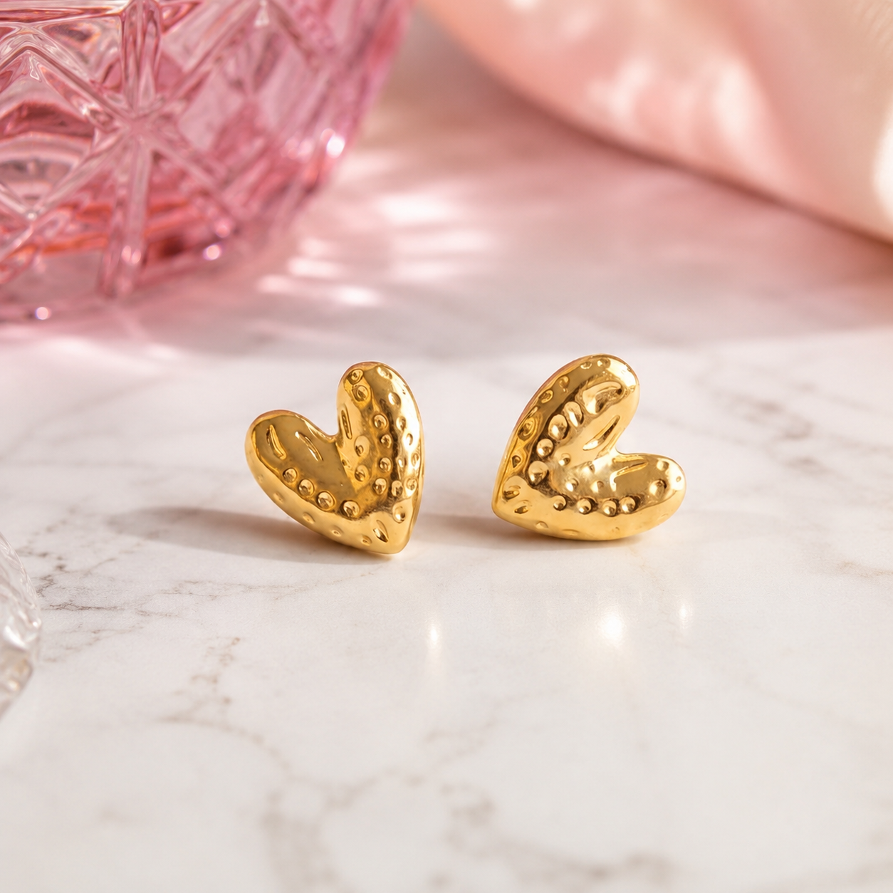 Gold Textured Heart Stud Earrings
