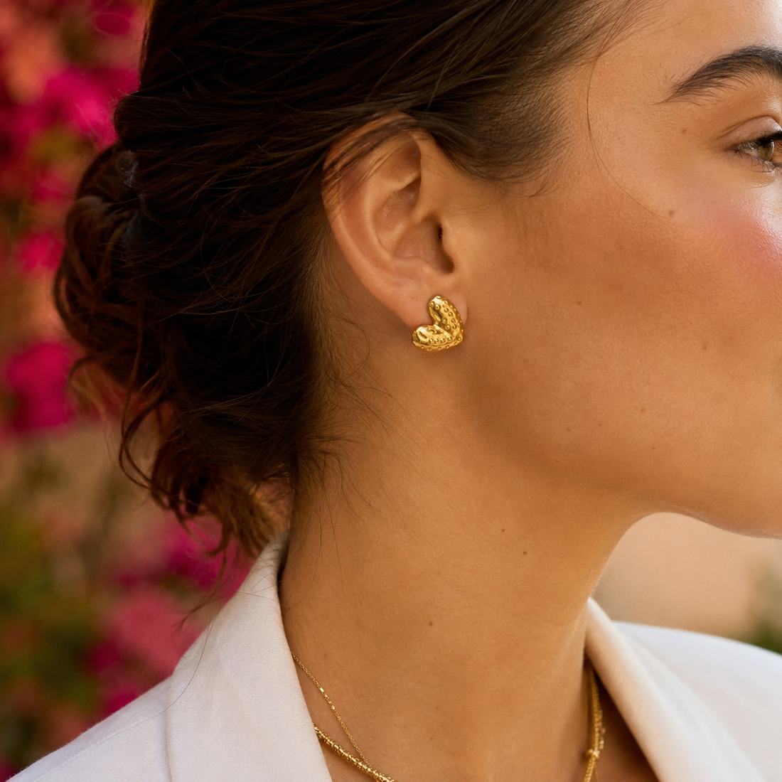 Gold Textured Heart Stud Earrings