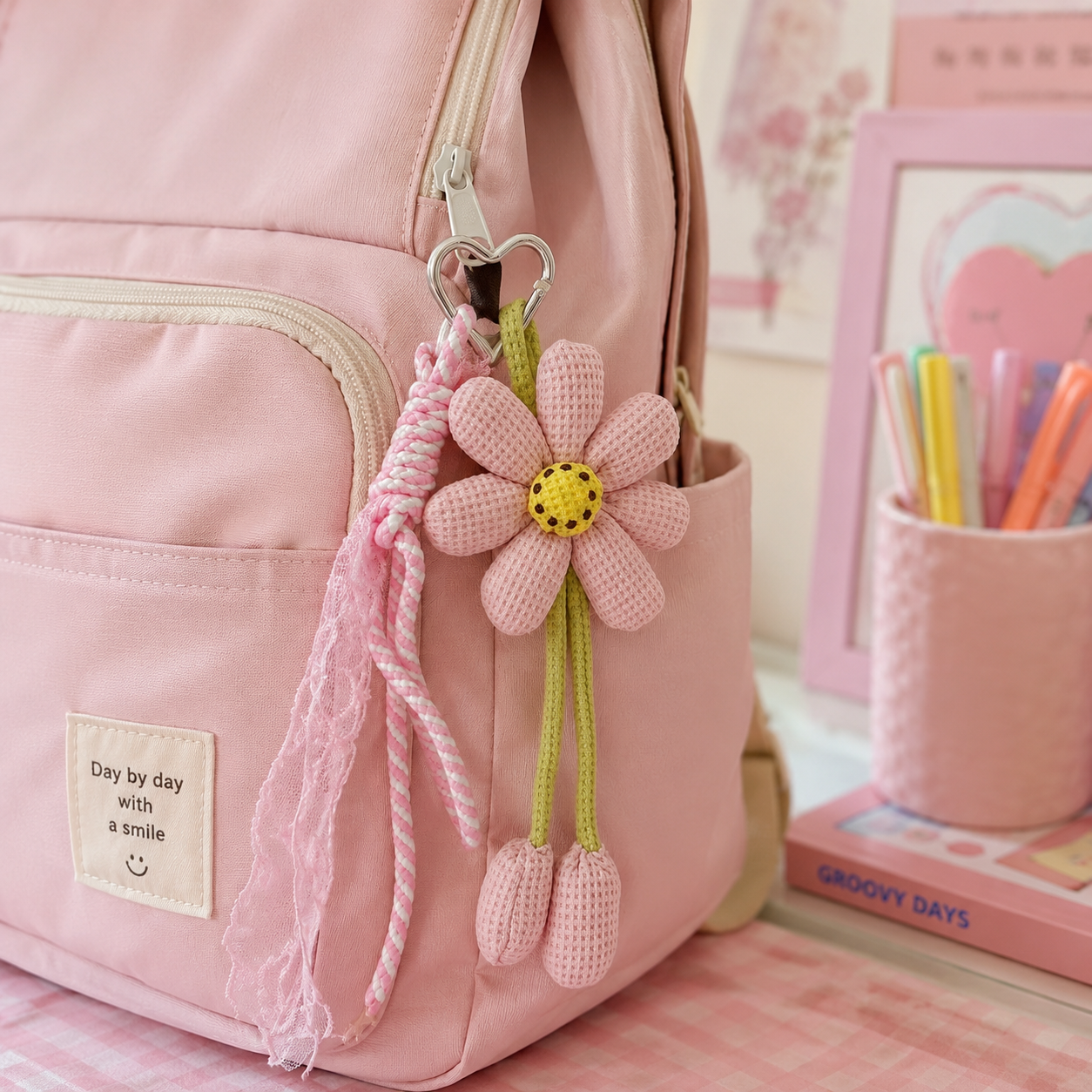 Pink Daisy Flower Bag Charm