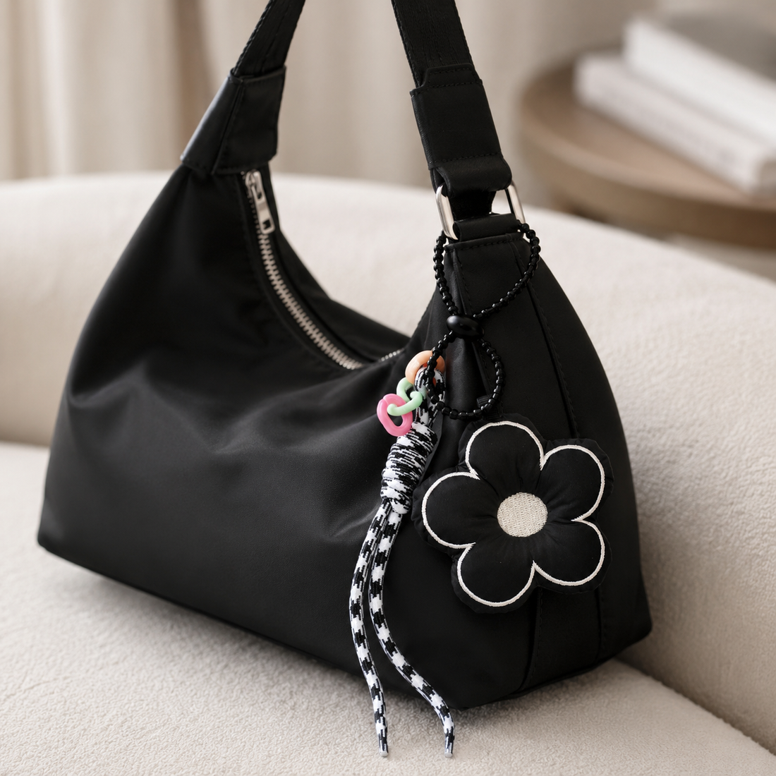 Black Flower Bag Charm