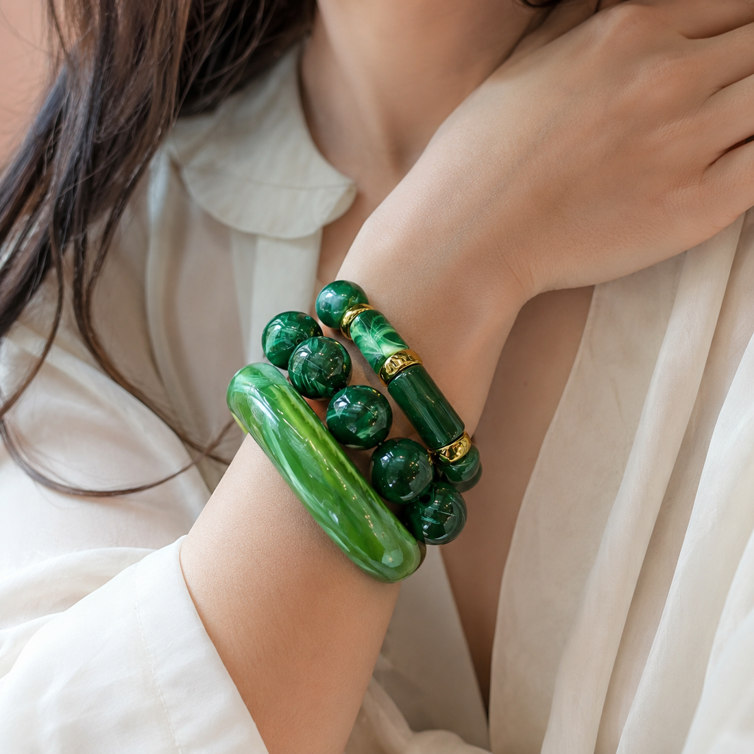 Marbled Green Chunky Bangl - Pieces