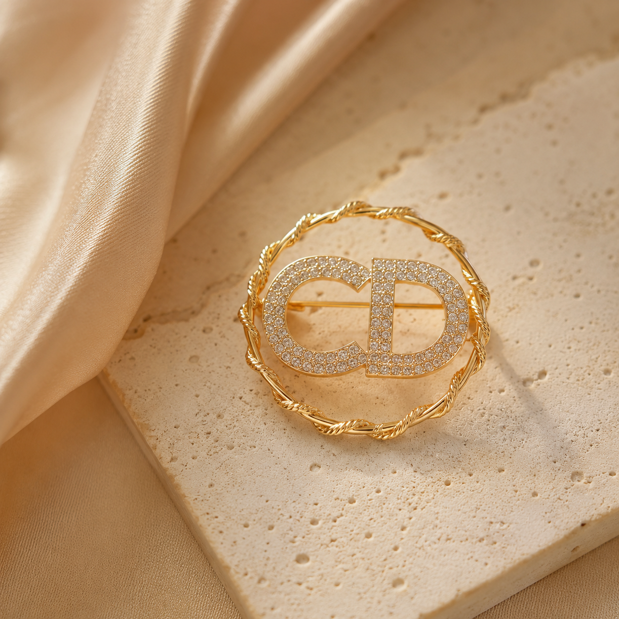Crystal Monogram Gold Brooch
