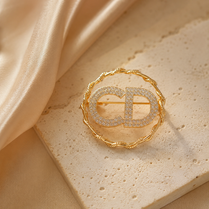 Crystal Monogram Gold Brooch