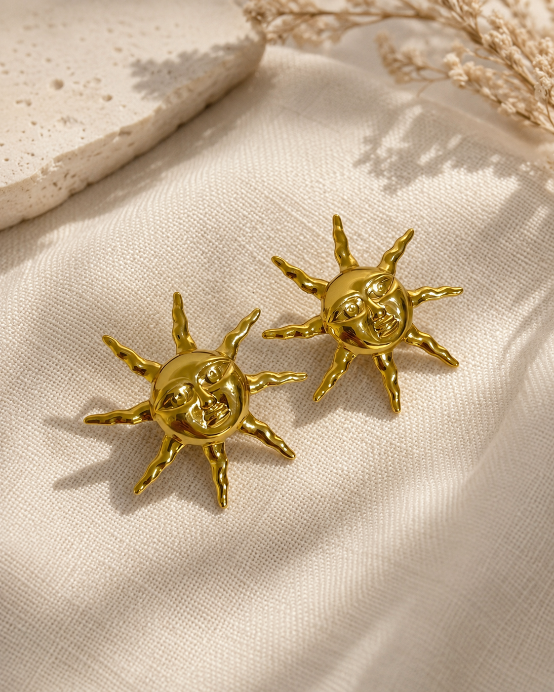 Celestial Gold Sun Face Stud Earrings