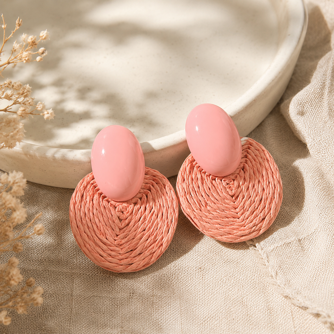 Peach Woven Raffia Statement Earrings