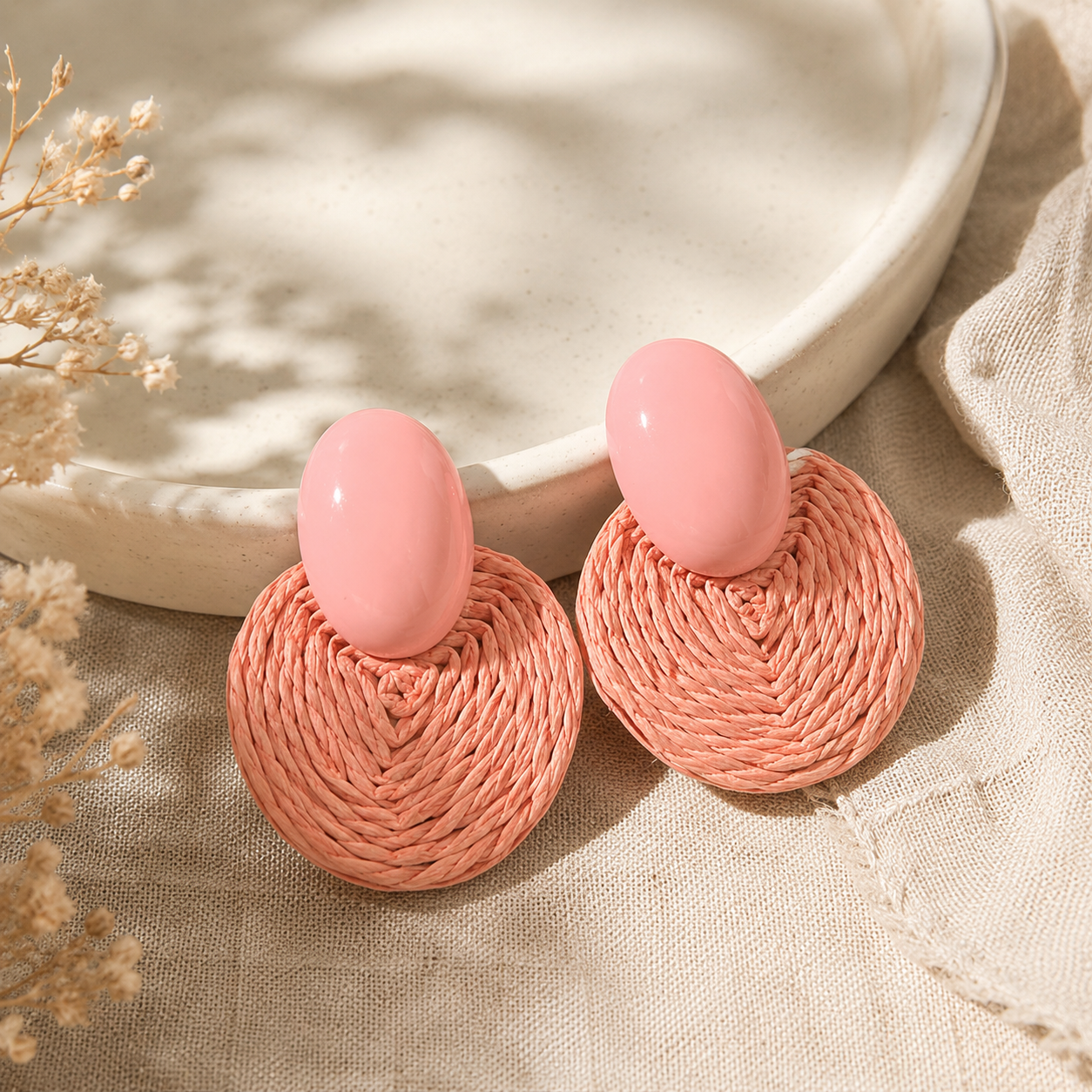 Peach Woven Raffia Statement Earrings