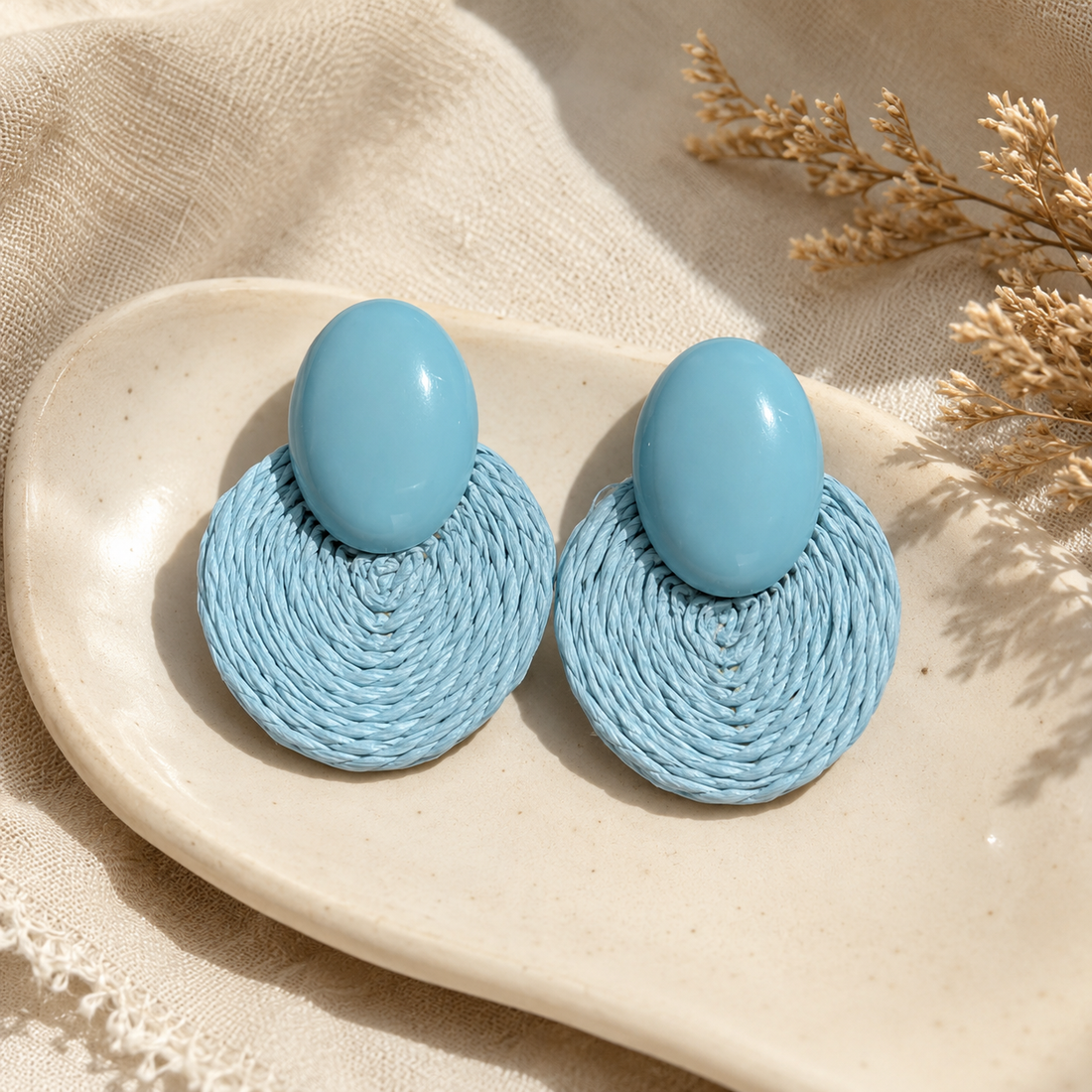 Sky Blue Woven Raffia Statement Earrings