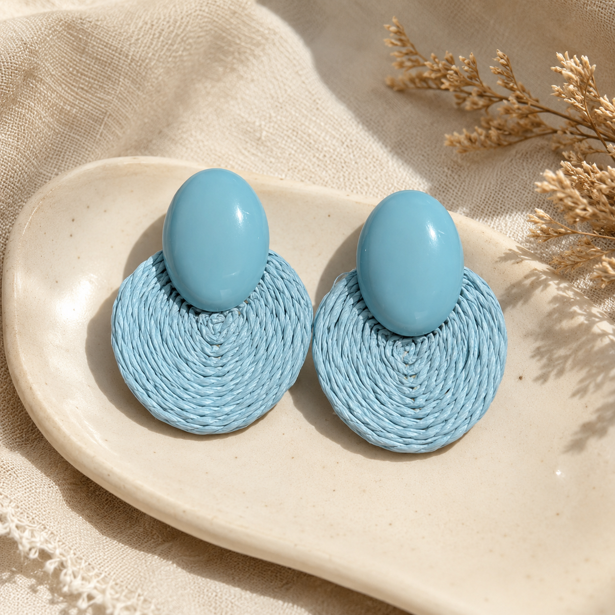 Sky Blue Woven Raffia Statement Earrings
