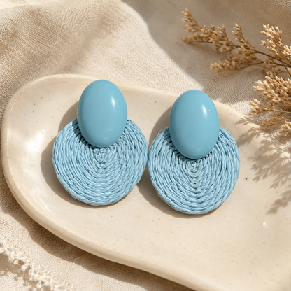 Sky Blue Woven Raffia Statement Earrings
